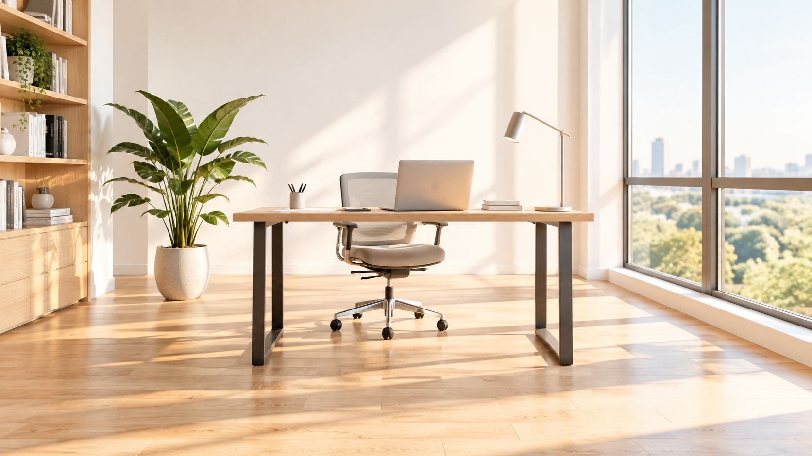 Ein helles, modernes Heimbüro mit einem Holztisch, einem ergonomischen Stuhl und großen Fenstern mit Blick ins Grüne.
