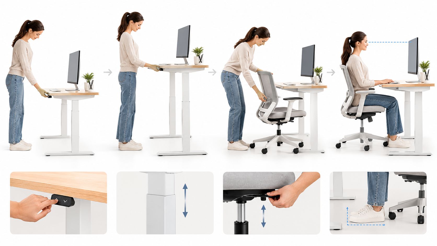 Eine Frau zeigt die Höhenverstellung eines Schreibtisches und Bürostuhls für eine ergonomische Sitz- und Stehposition am Arbeitsplatz.