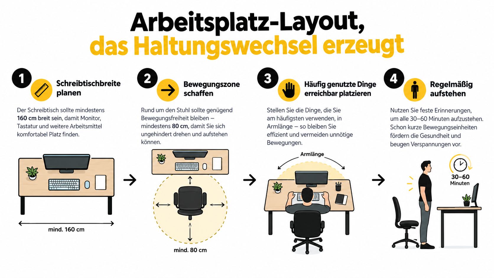 Eine Infografik mit vier Tipps für eine ergonomische Gestaltung des Arbeitsplatzes, um Haltungswechsel im Büro zu fördern.