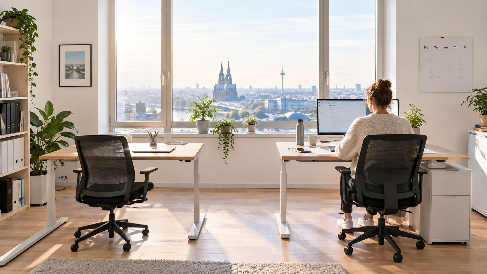 Eine Frau arbeitet in einem hellen, modernen Büro mit zwei Schreibtischen und Blick auf den Kölner Dom.