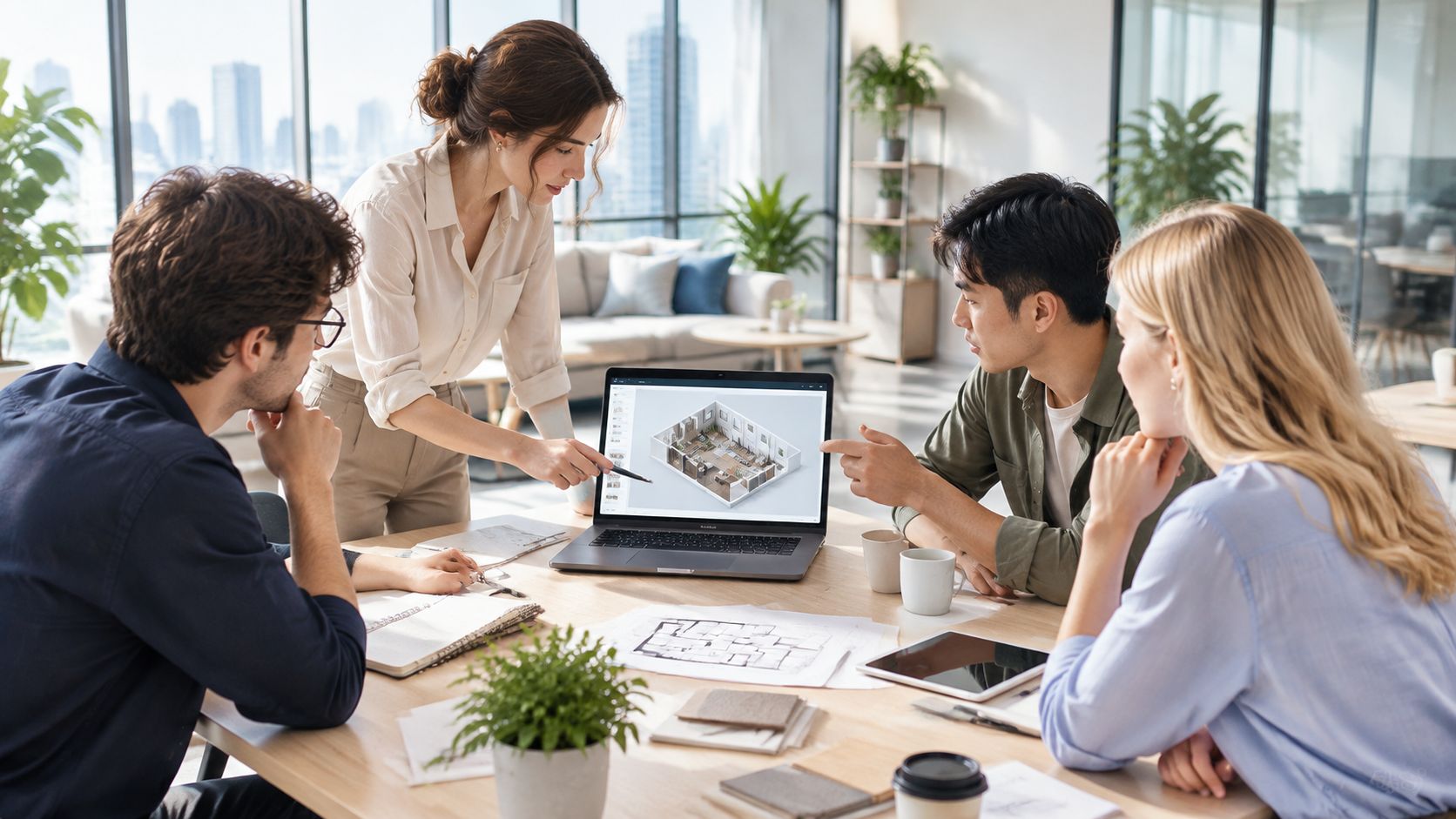 Ein professionelles Team von Innenarchitekten bespricht ein 3D-Modell an einem Laptop in einem hellen, modernen Büro.