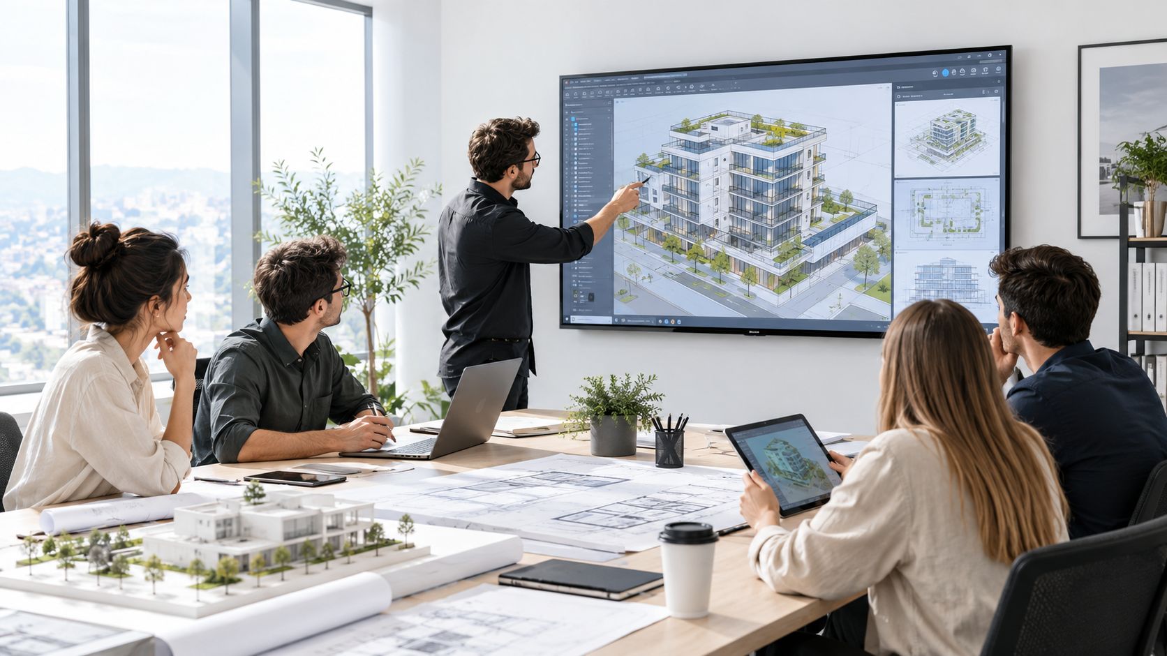 Ein Architekturteam bespricht bei einer interaktiven 3D-Visualisierung ein neues Bauprojekt in einem modernen, hellen Büro.