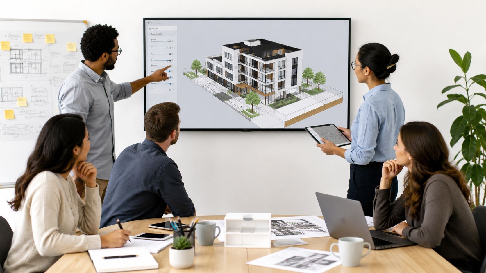 Ein Team von Architekten bespricht ein 3D-Modell eines modernen Gebäudes auf einem großen interaktiven Bildschirm im Büro.