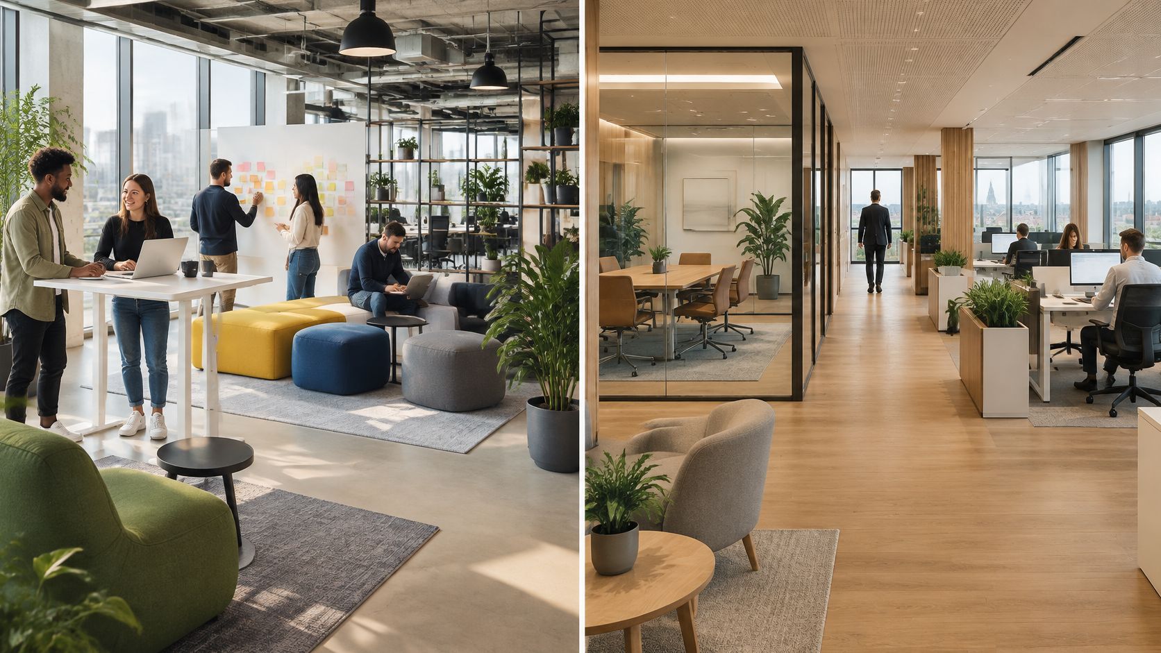 Ein helles, modernes Multi-Space-Büro mit verschiedenen Arbeitsbereichen für Zusammenarbeit, Einzelarbeit und informellen Austausch der Mitarbeiter.