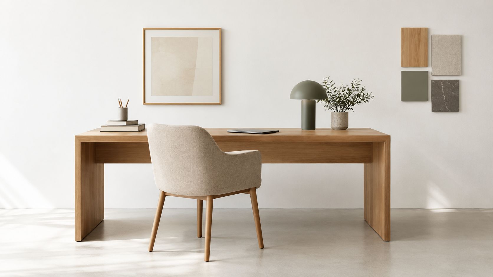 Ein minimalistischer Arbeitsplatz mit einem modernen Holztisch, einem beigen Stuhl und einer schlichten Schreibtischlampe vor weißer Wand.