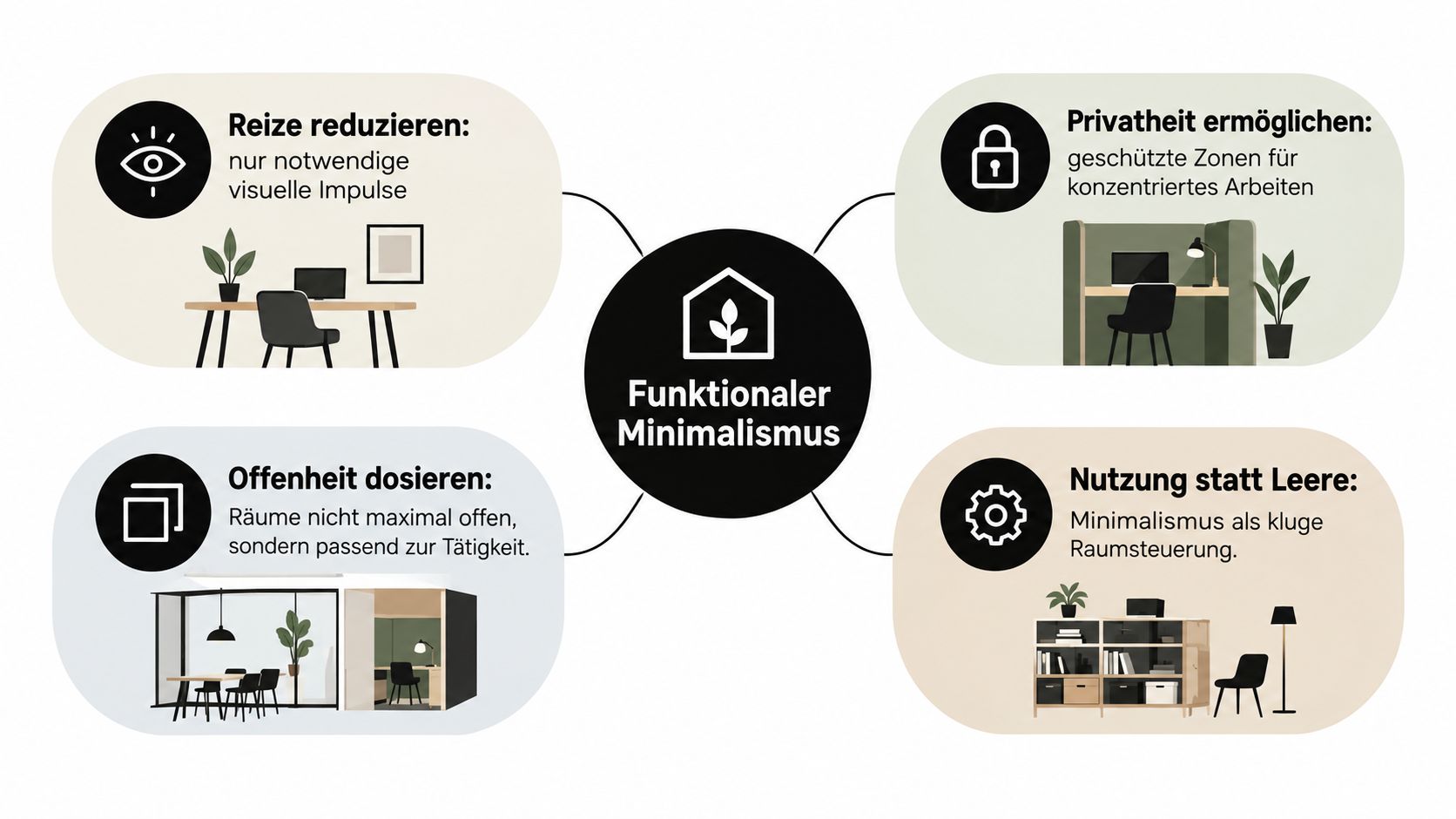 Eine Infografik über funktionalen Minimalismus im Büro, die vier Strategien für die Arbeitsplatzgestaltung übersichtlich darstellt.