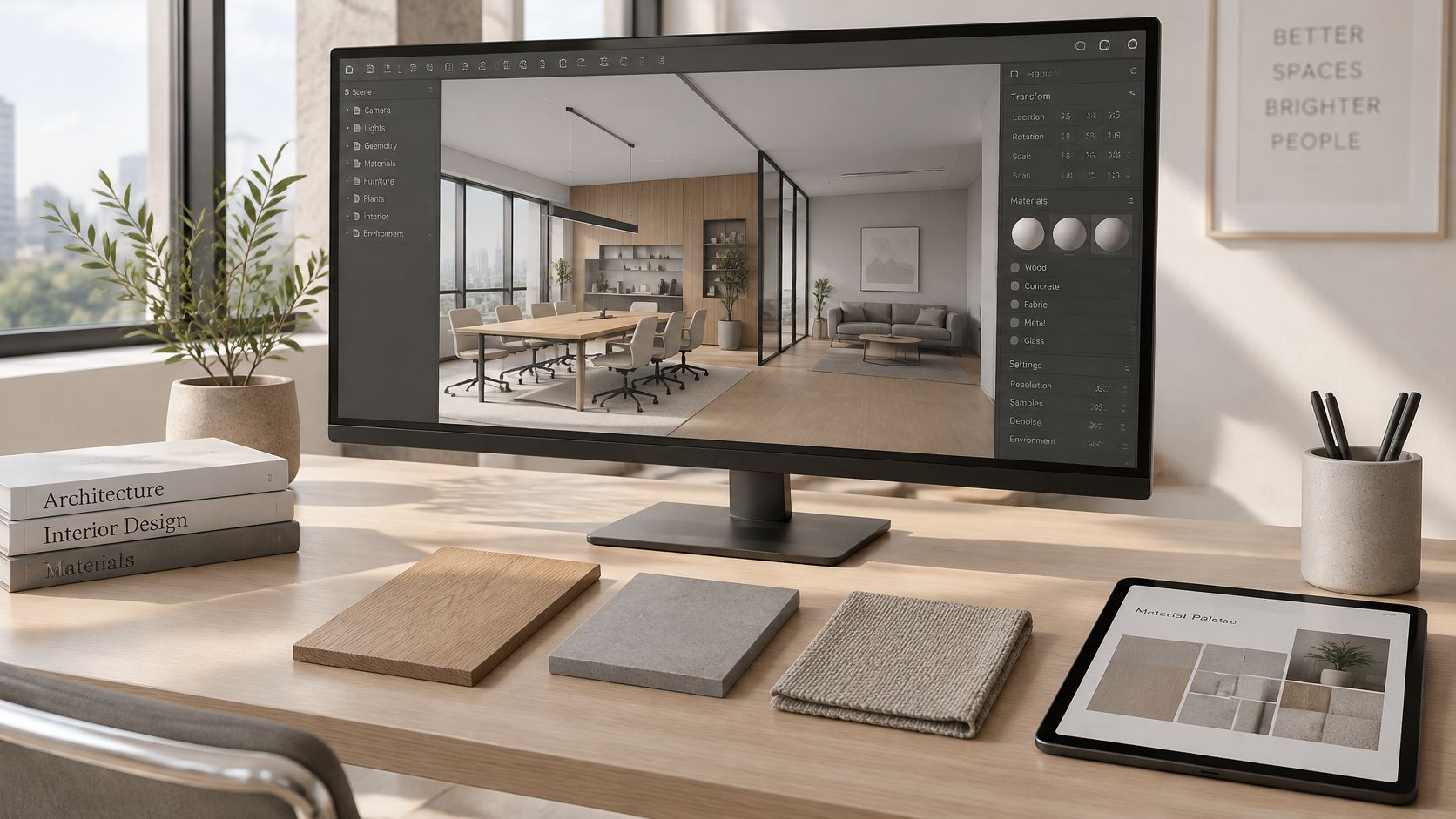 Ein moderner Schreibtisch mit Computerbildschirm, der eine 3D-Visualisierung eines Büroraums und verschiedene Materialmuster zeigt.