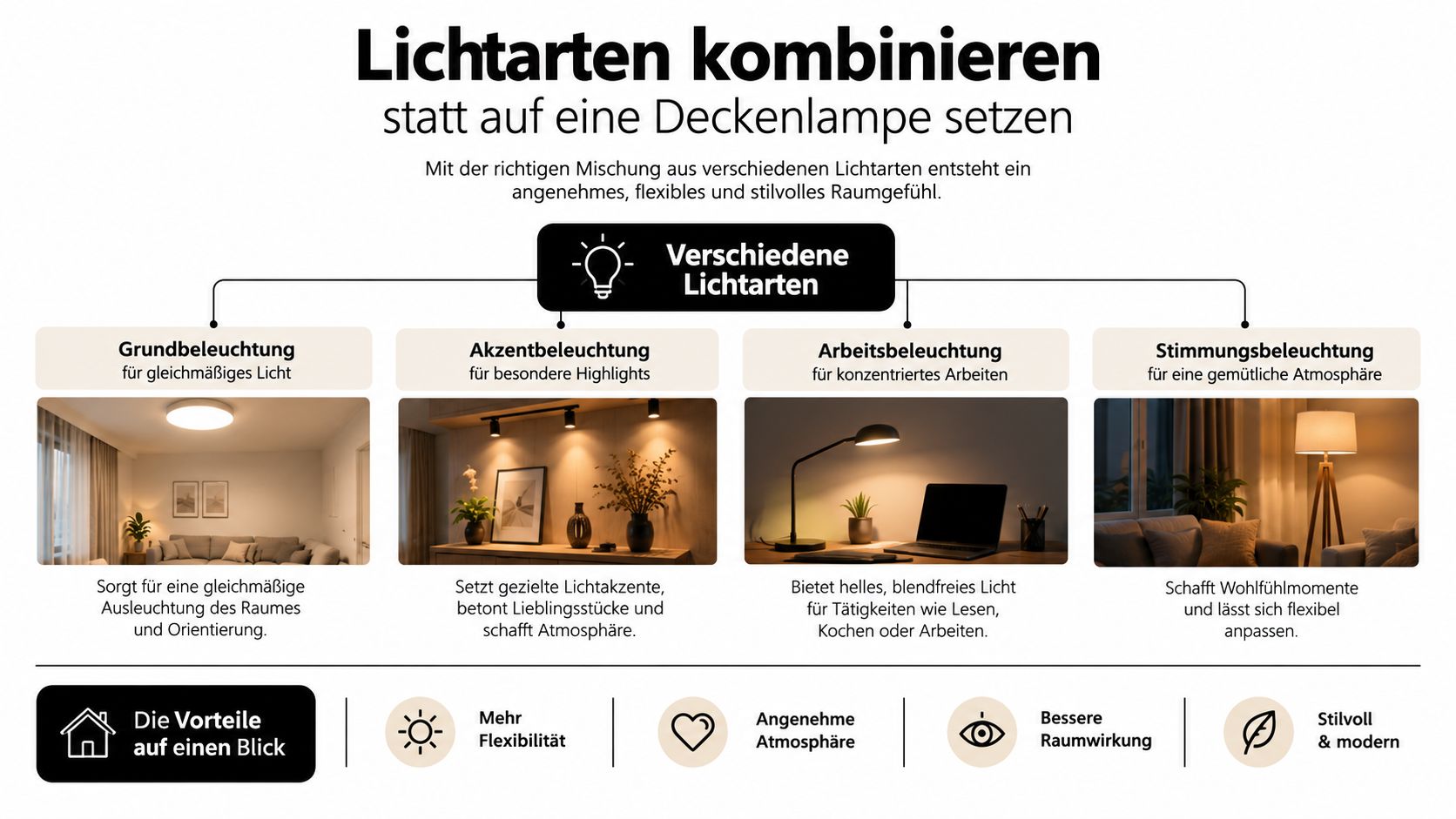 Eine Infografik erklärt die Kombination verschiedener Lichtarten wie Grund-, Akzent-, Arbeits- und Stimmungsbeleuchtung für ein schönes Zuhause.
