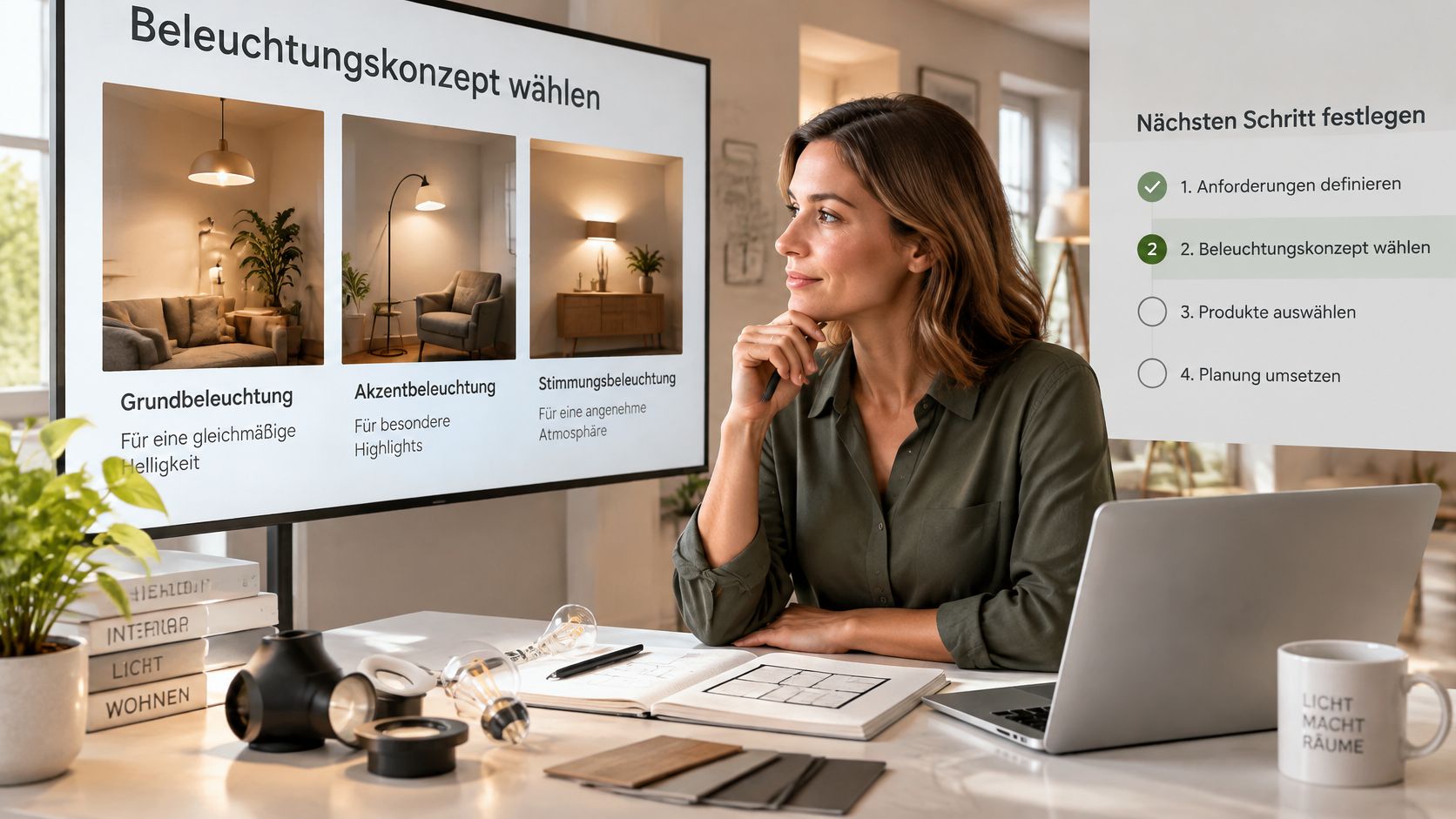 Eine Frau arbeitet an ihrem Schreibtisch an einem digitalen Beleuchtungskonzept für die Raumplanung im Home-Office.