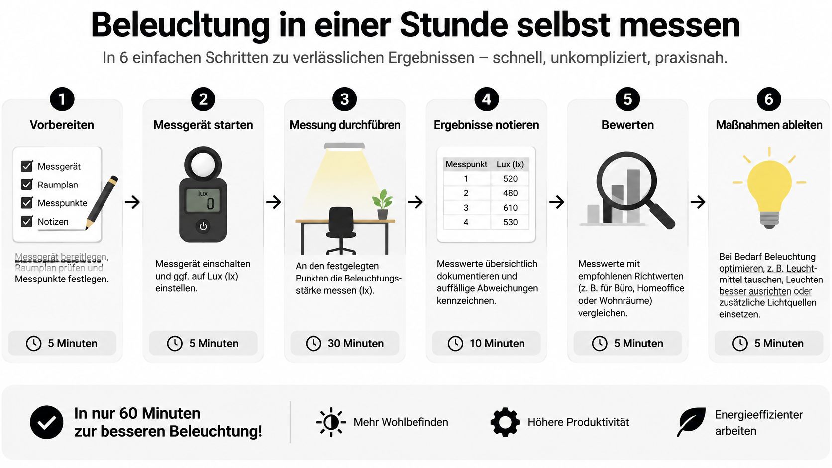 Eine Infografik mit sechs Schritten zur einfachen Durchführung einer Lichtstärkemessung in Innenräumen in 60 Minuten.