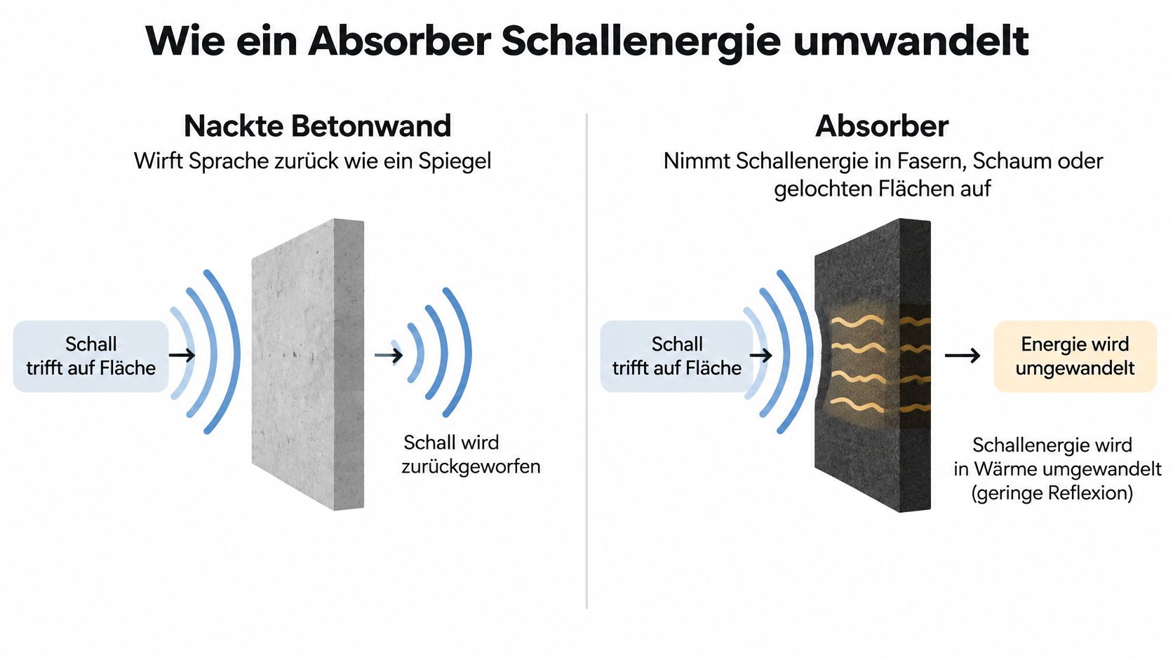 Vergleichsgrafik zeigt wie eine nackte Betonwand Schall reflektiert und ein Absorber Schallenergie in Wärme umwandelt.