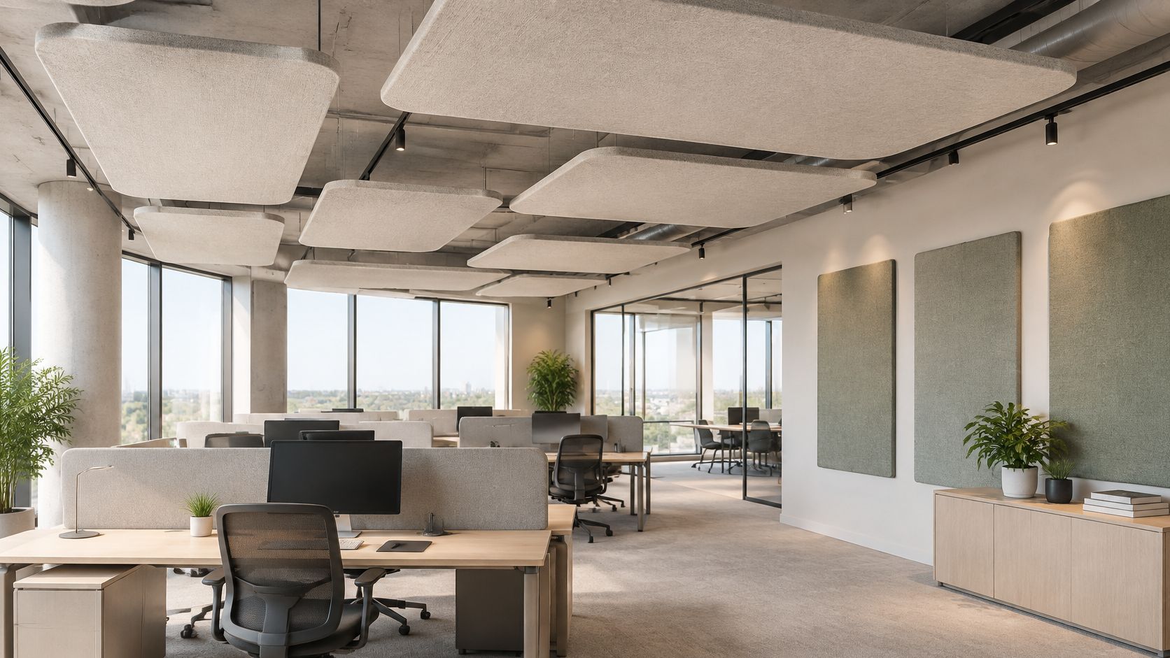 Ein modernes Großraumbüro mit akustischen Deckenelementen, ergonomischen Schreibtischen und hellen, professionellen Arbeitsplätzen für ein produktives Arbeitsumfeld.