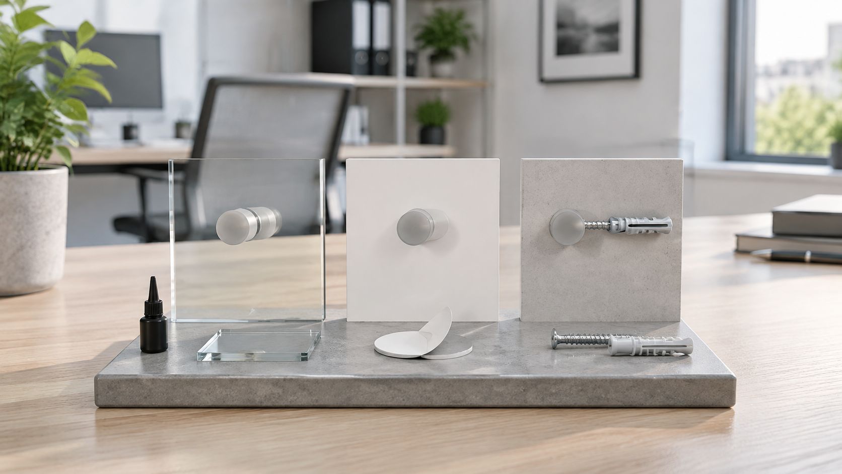 Ein Set aus verschiedenen Befestigungslösungen für Schilder mit Glas, Kunststoff und Stein auf einem hölzernen Schreibtisch.
