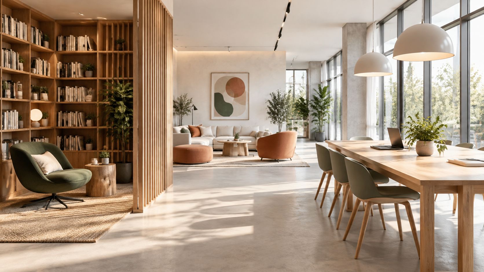 Ein helles, offenes Büro mit Holzregalen, bequemen Sesseln, einem großen Konferenztisch und modernem, gemütlichem Innendesign.