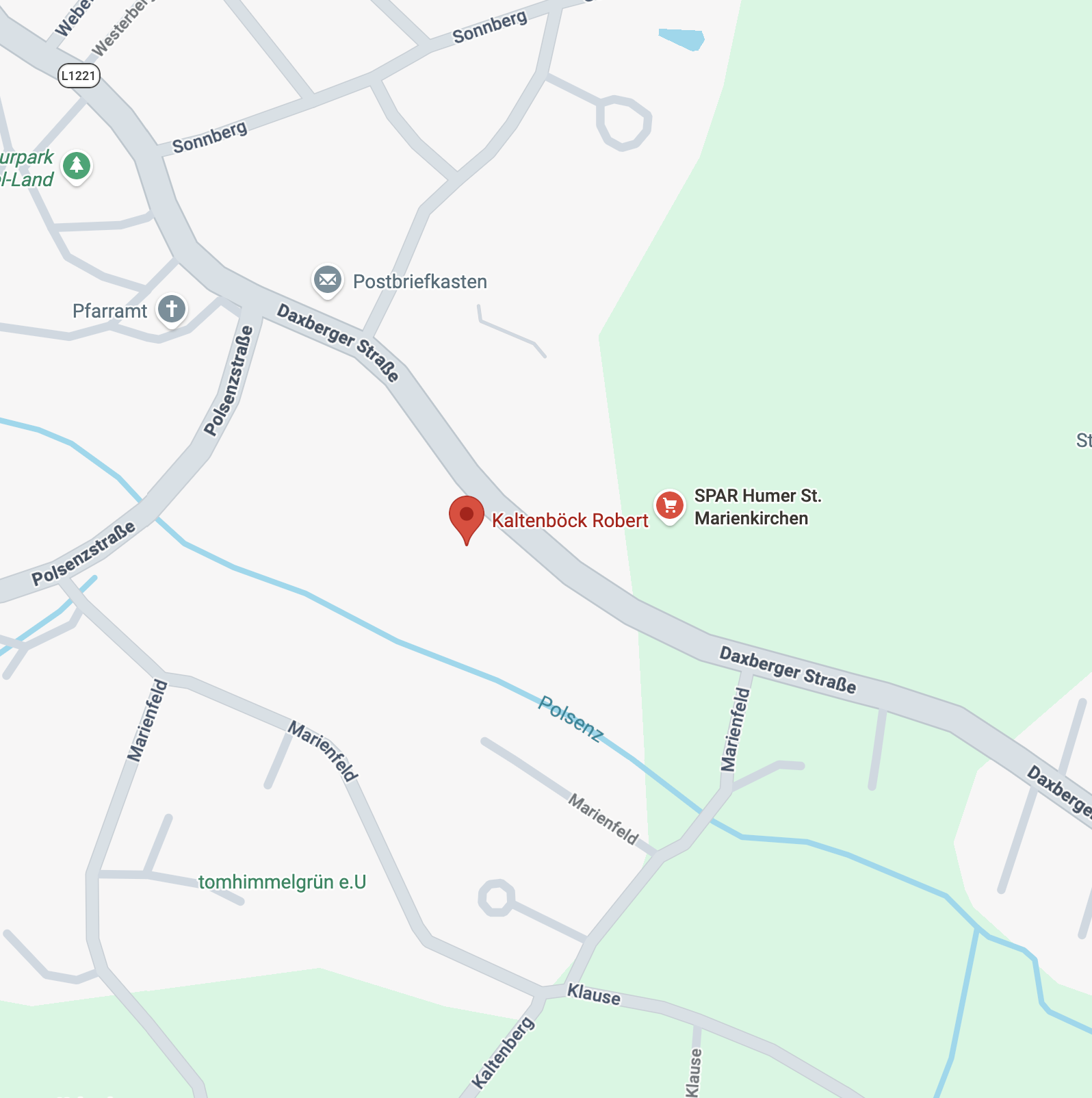 Kartenausschnitt von Daxberger Straße, Polsenzstraße und Marienfeld mit Markierung für Kaltenböck Robert und SPAR Humer St. Marienkirchen.