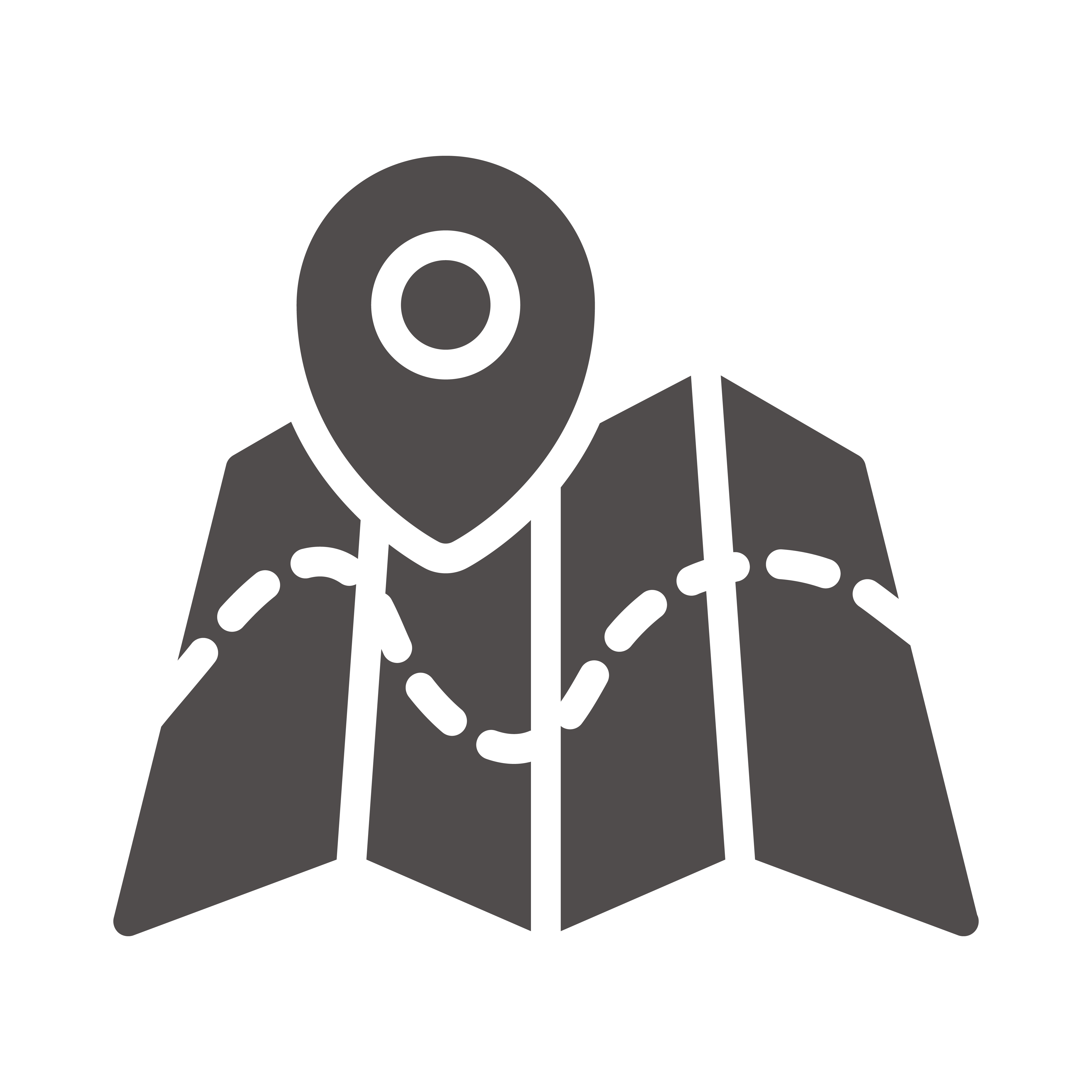 Symbol einer aufgespannten Karte mit einem Standort-Pin und gestricheltem Pfad.