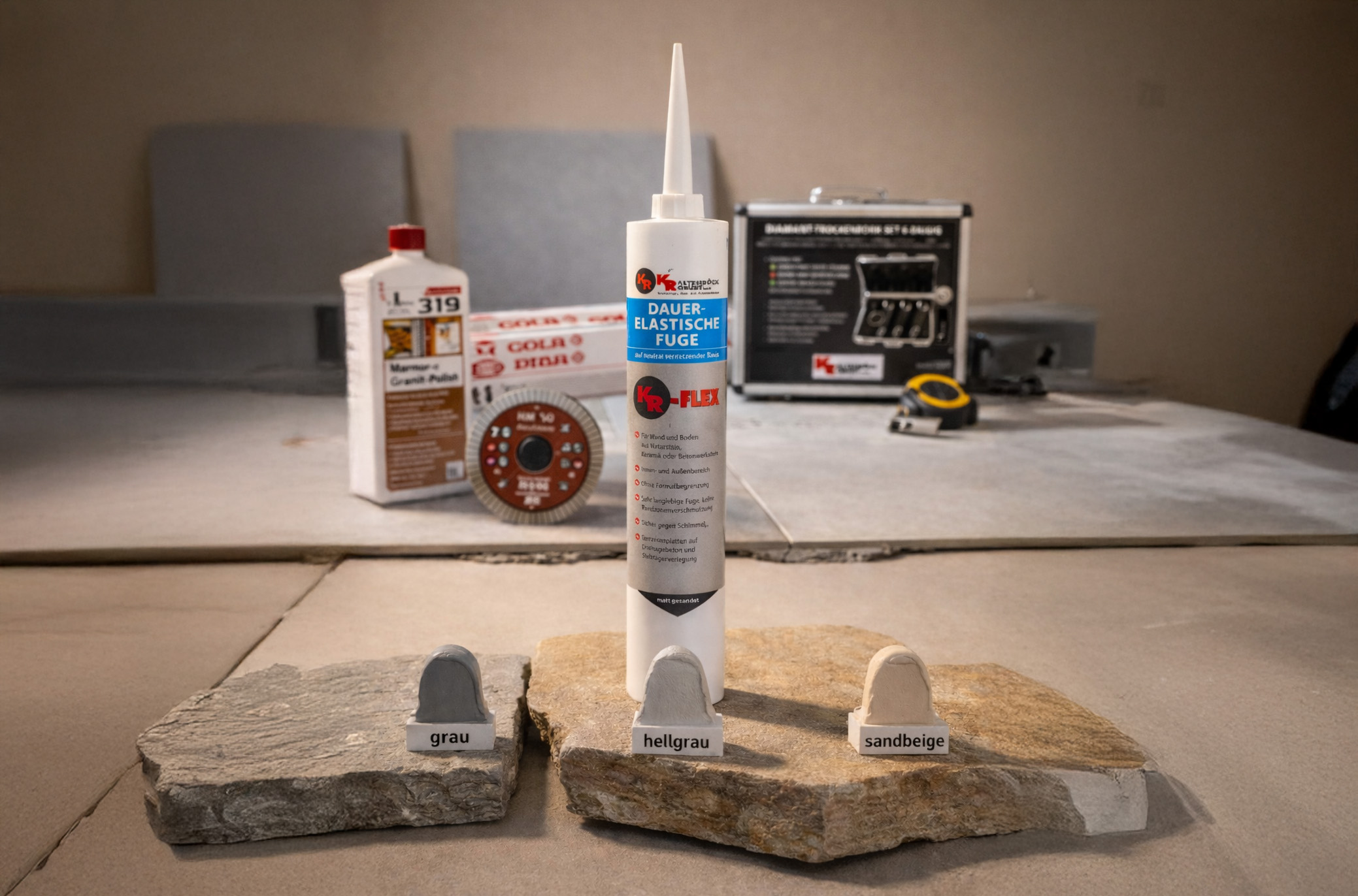 Verschiedene Baumaterialien und flexible Fugenmasse in Grau, Hellgrau und Sandbeige auf Natursteinen.
