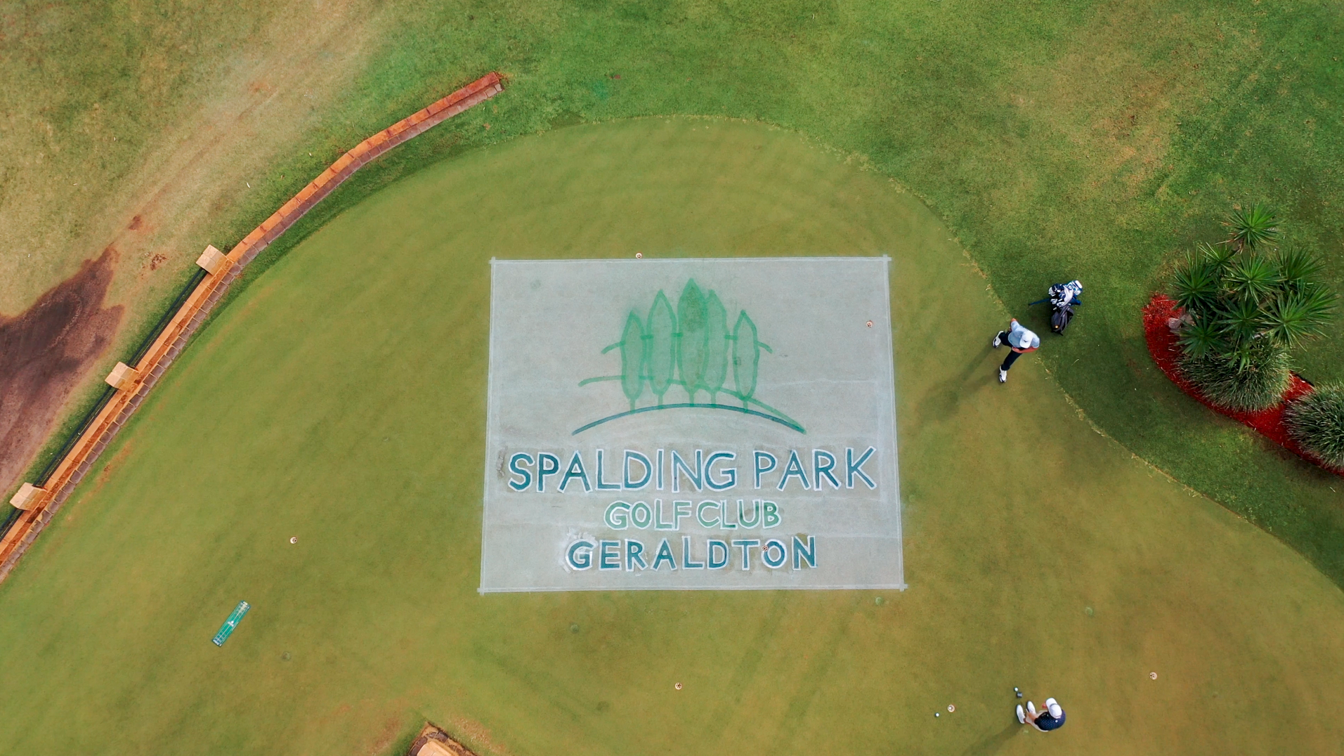 Overhead aerial of Spalding Park Golf Club Geraldton logo painted on a golf green