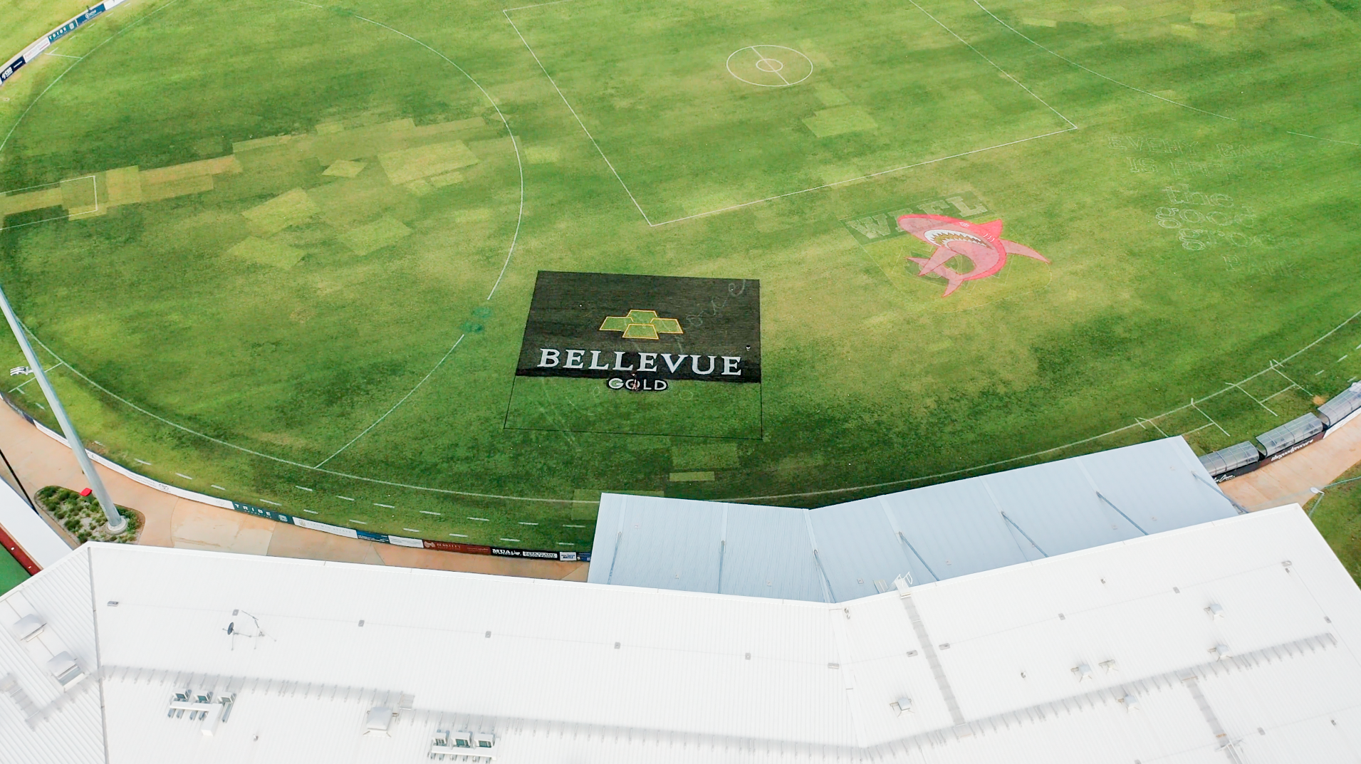 Aerial view of Bellevue Gold sponsor logo and Pink Shark painted on a WAFL oval