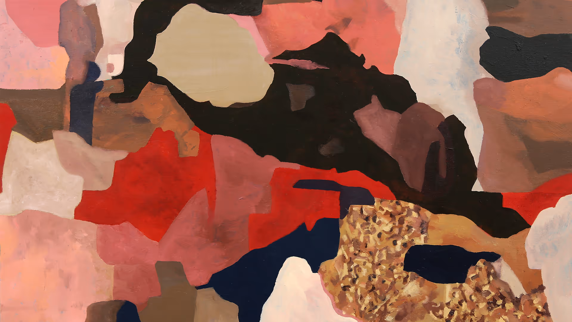 Abstract painting with irregular shapes in red, pink, black, beige, and dark blue colors.