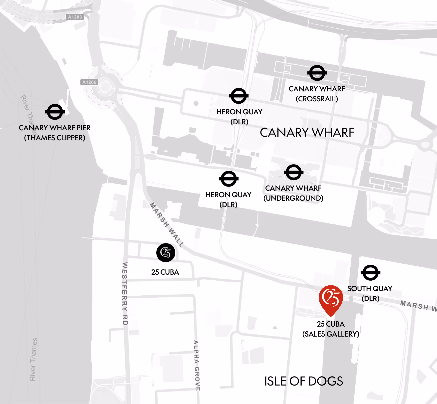 Map of Canary Wharf and Isle of Dogs area showing locations of Canary Wharf Pier, Heron Quay DLR, Canary Wharf Crossrail, Canary Wharf Underground, South Quay DLR, and two 25 Cuba sites marked as location and sales gallery.
