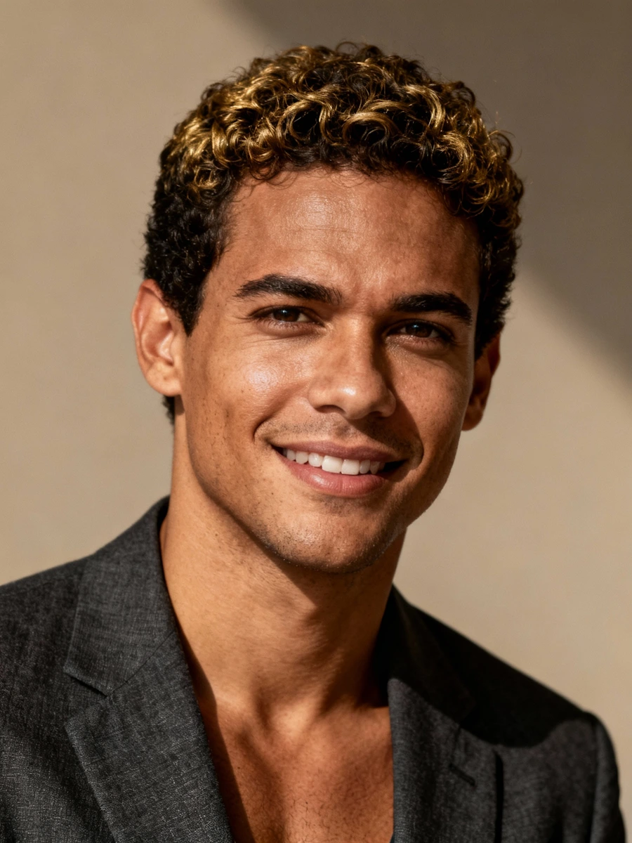 Close-up portrait of a smiling man with curly hair wearing a dark blazer against a neutral background.