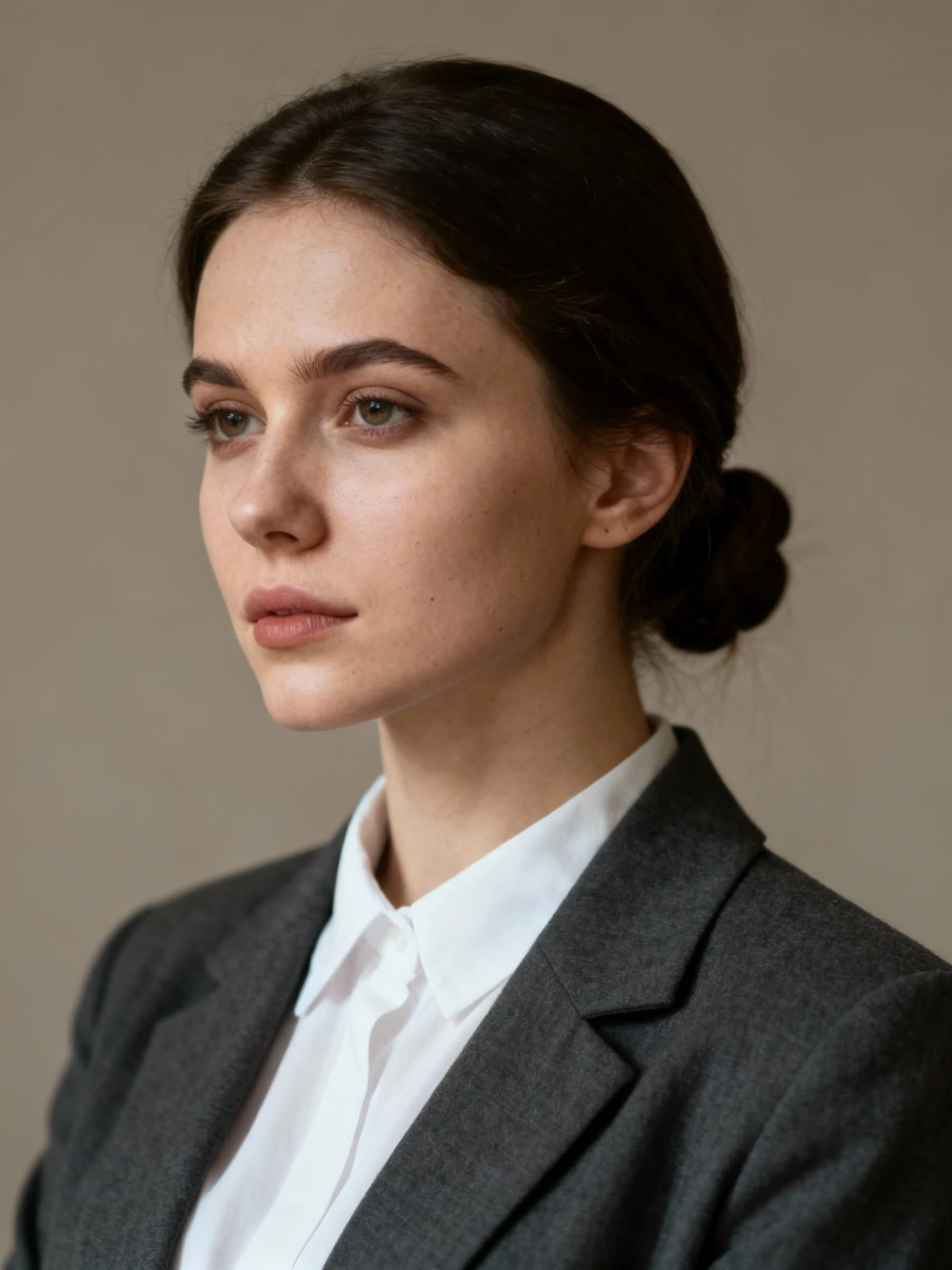 Professional headshot of a woman with dark hair tied back, wearing a white shirt and gray blazer, looking to the side.
