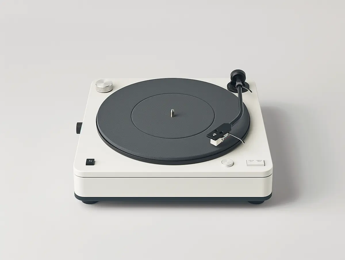 Minimalist white turntable with black platter and tonearm on a light background.