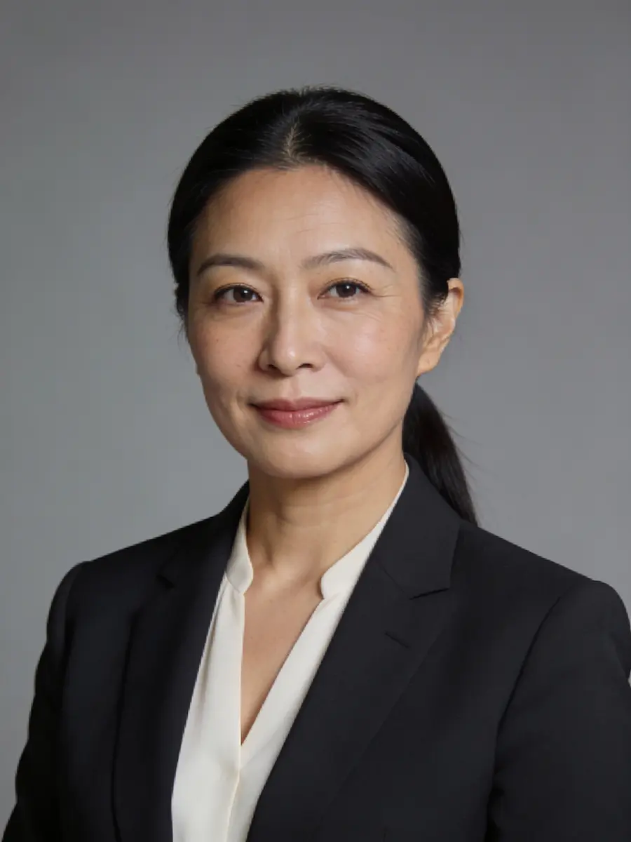 Professional portrait of an Asian woman with black hair tied back, wearing a black blazer and white blouse, smiling slightly against a gray background.