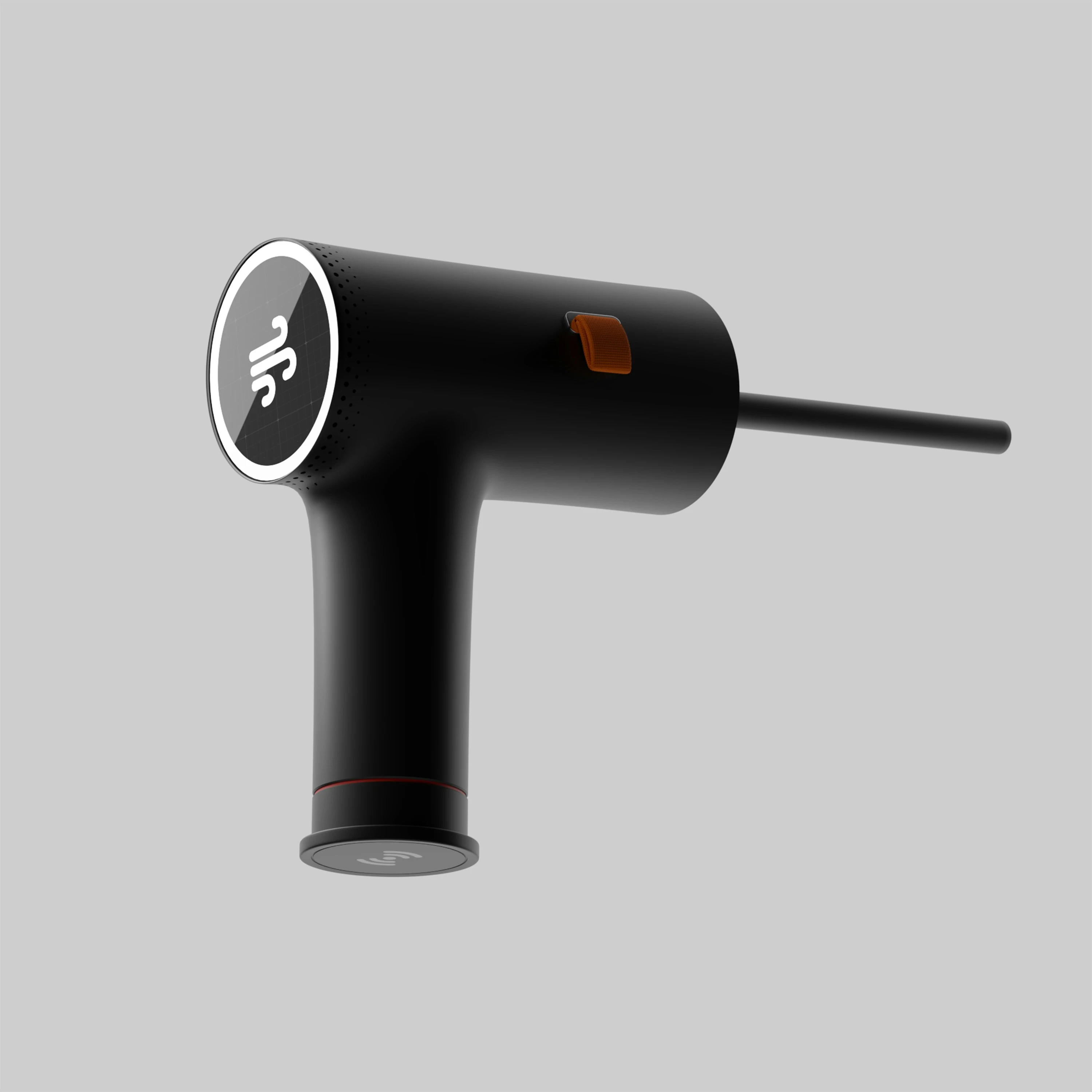 Black handheld device with a T-shaped design and a long cylindrical extension, featuring a circular logo on the front and a small orange button on the side.