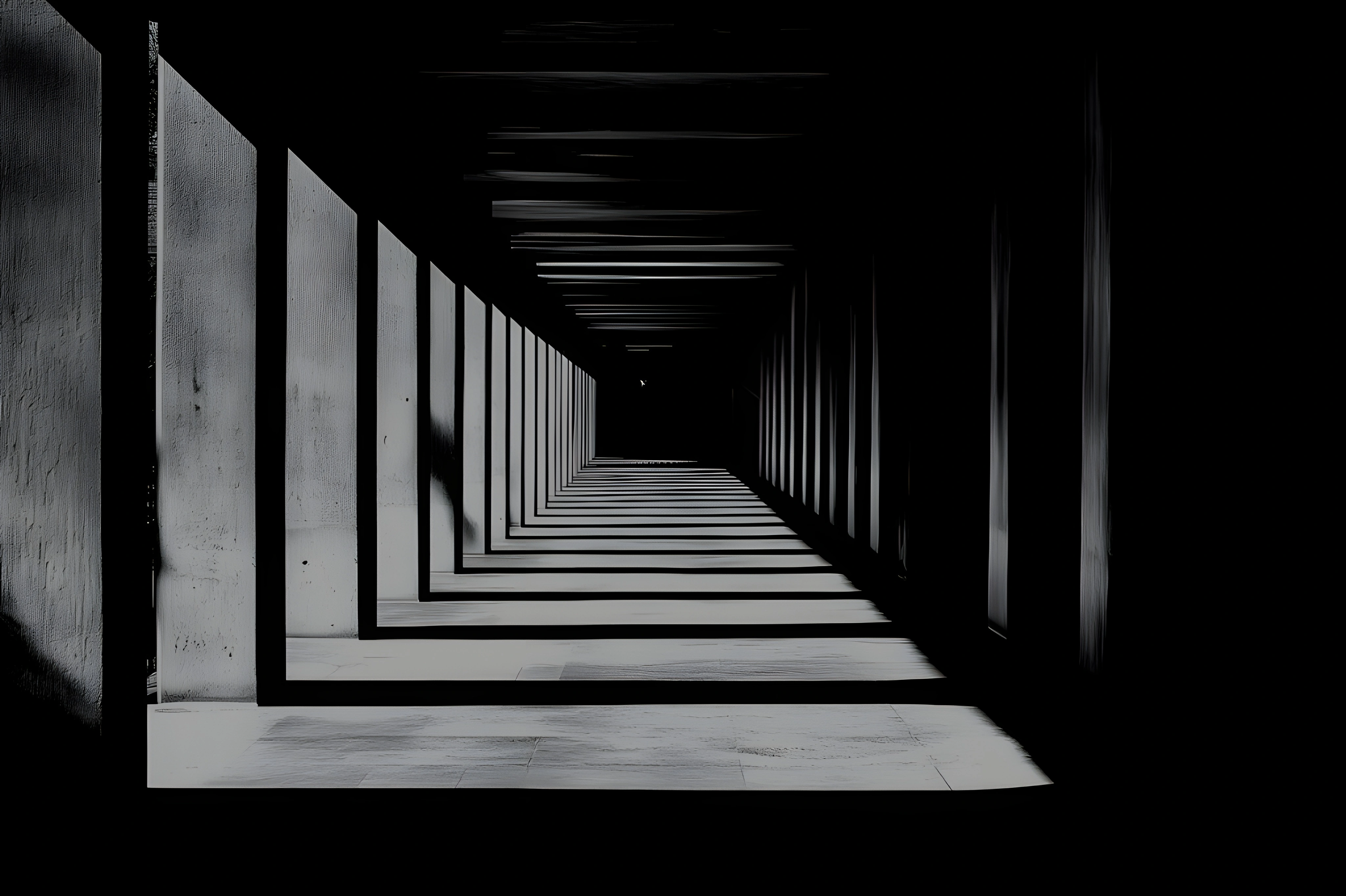 Symmetrical corridor with alternating light and shadow creating repeating rectangular patterns on floor and walls.
