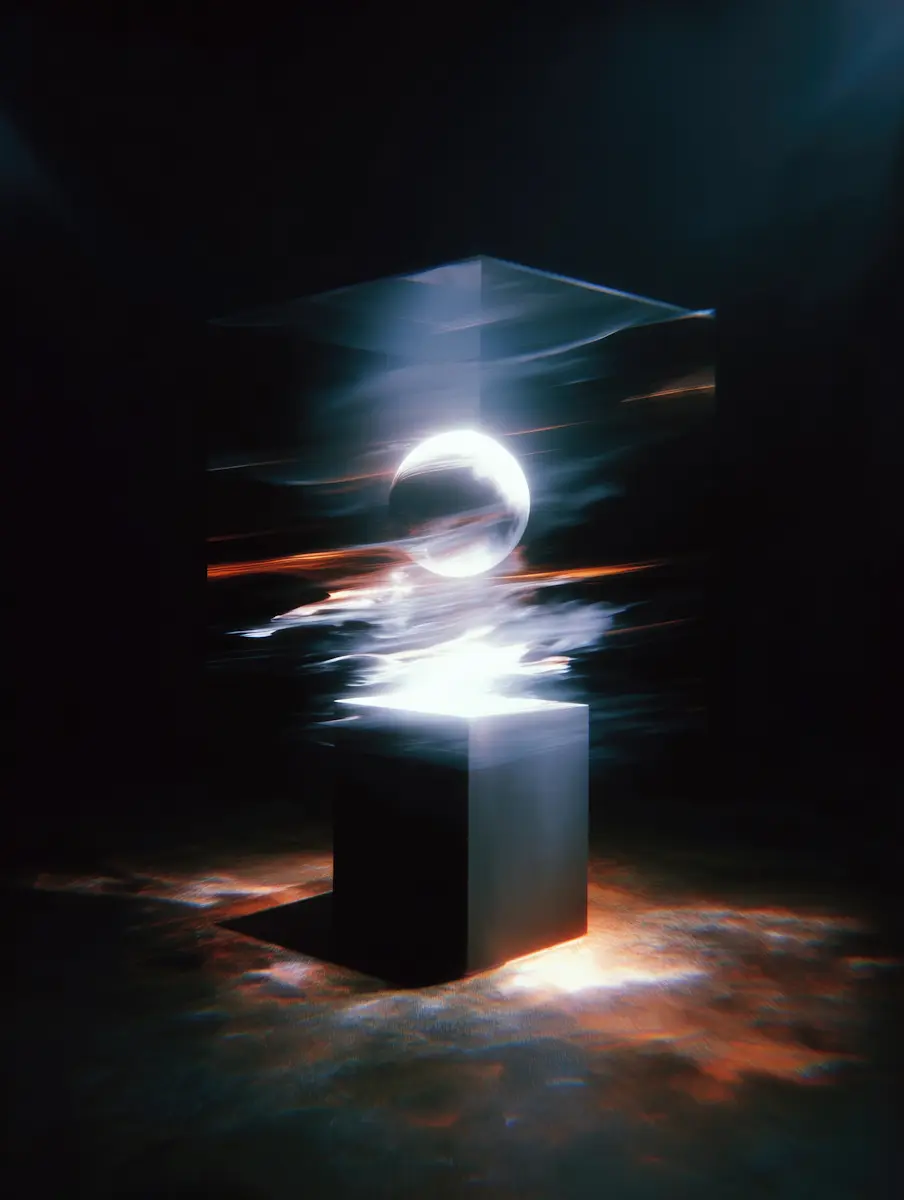 A futuristic glowing orb with neon light effects in a dark environment.