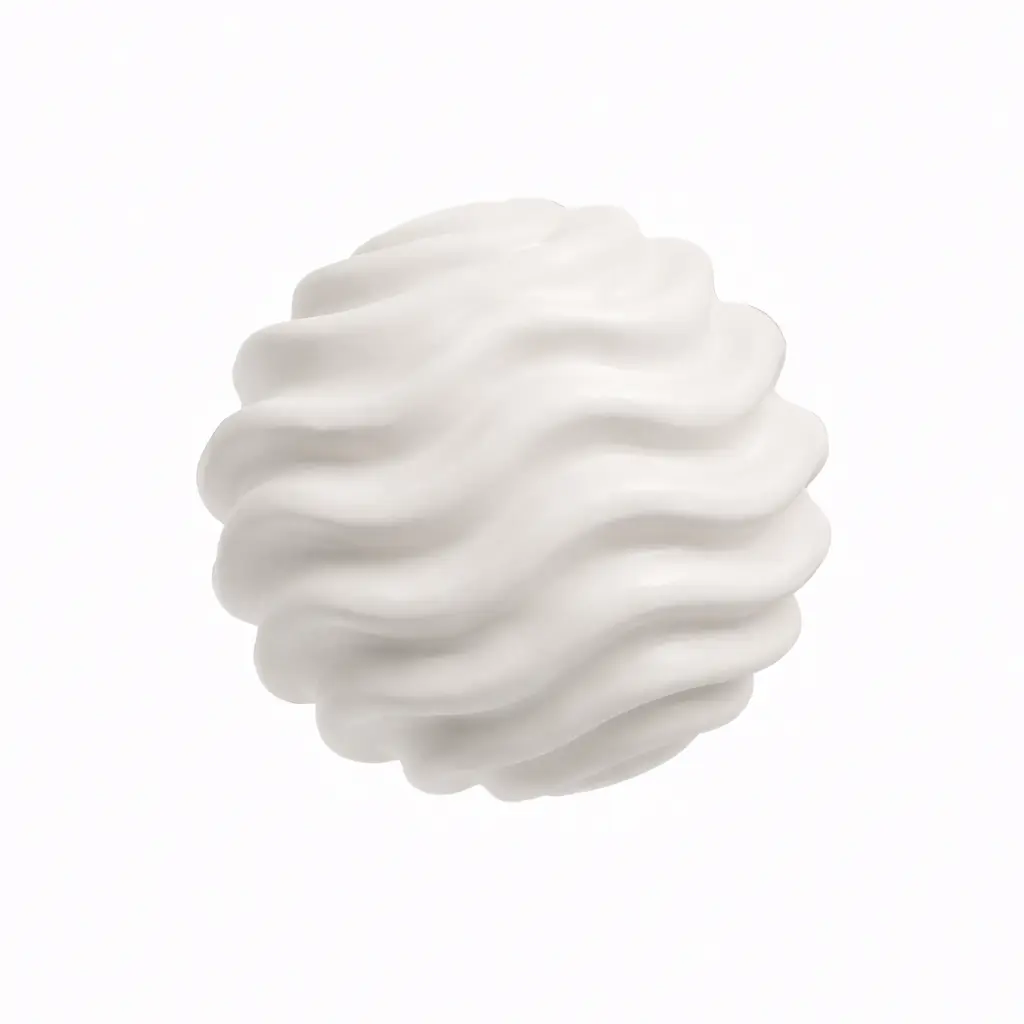 A soft, white abstract 3D sphere with layered texture.