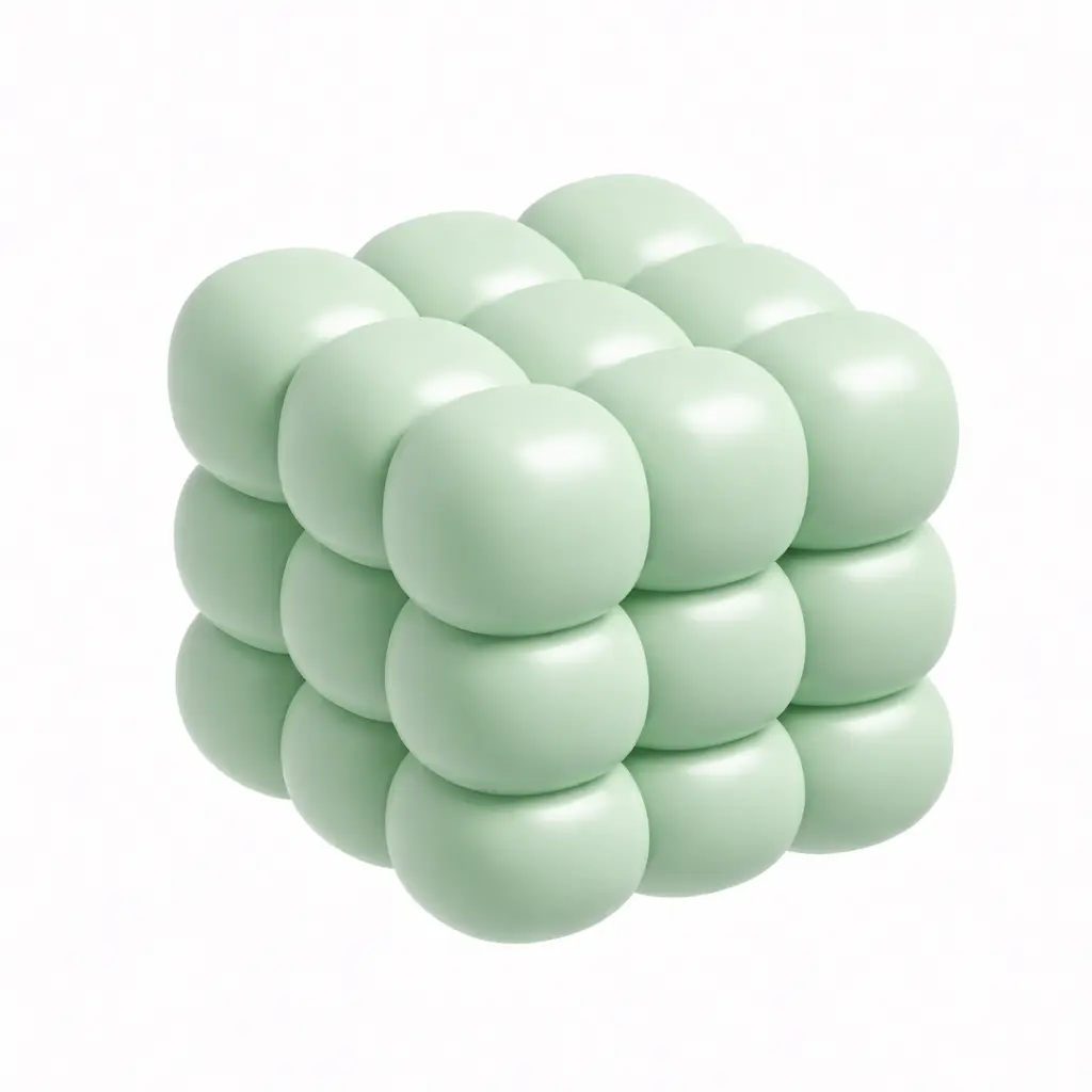 A pastel green 3D cube made of smaller rounded blocks.