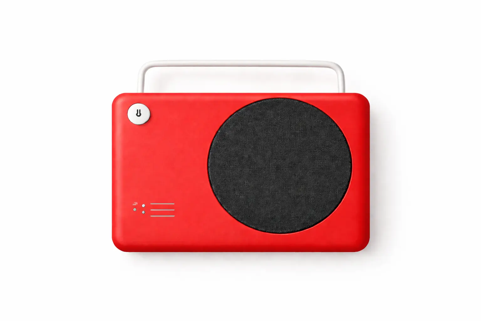 A red rectangular device with a black circular element in the center.