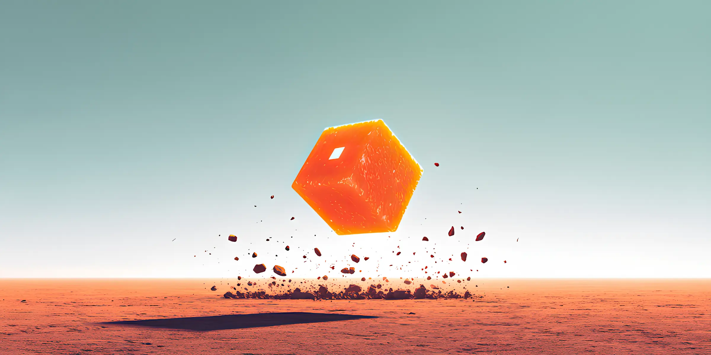 A glowing cube floating in a desert landscape at sunset.