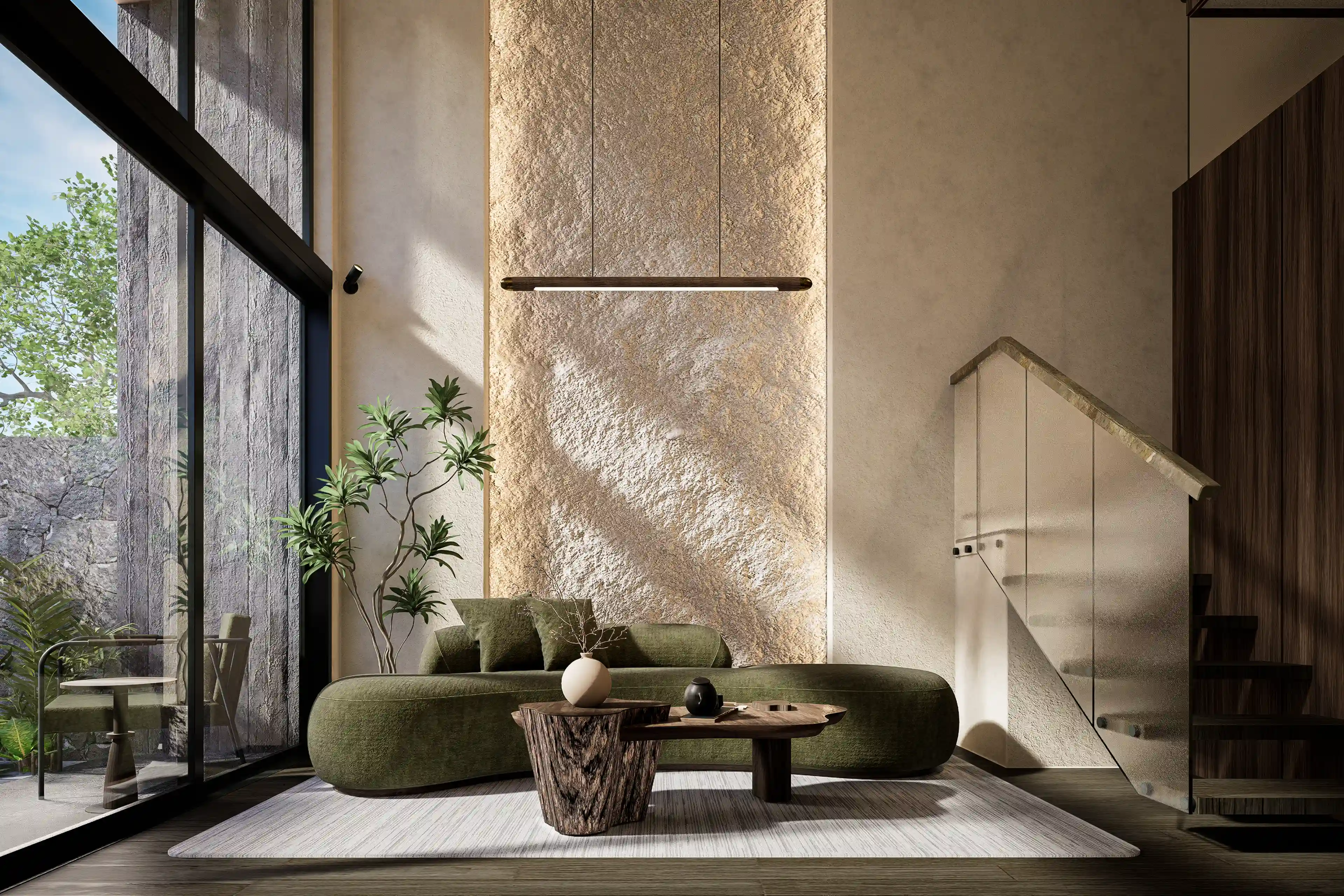 Modern villa interior with textured stone walls, natural materials, and minimalist seating in Bali.