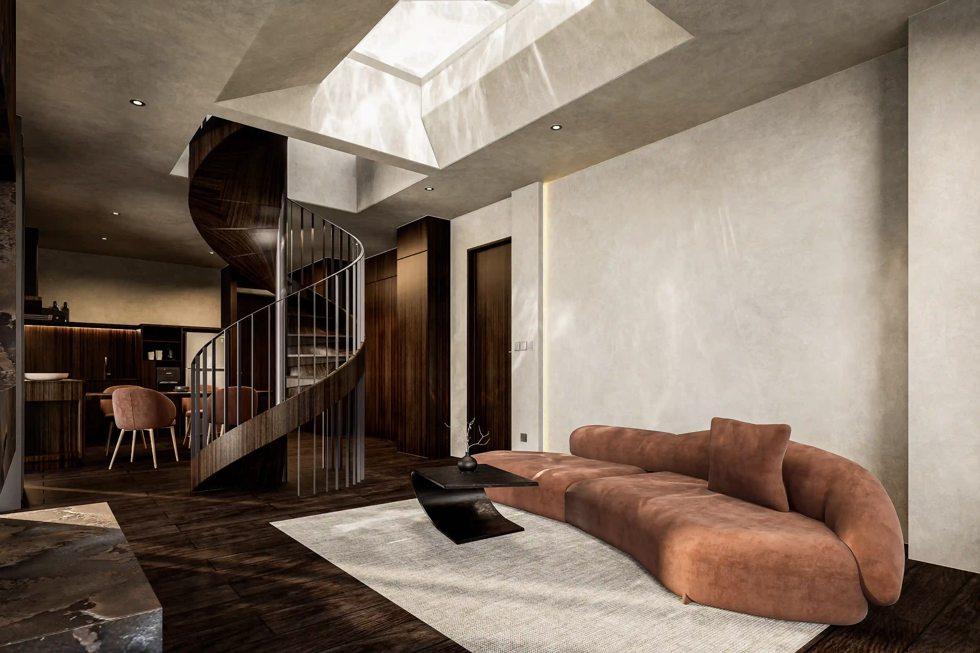 High-end villa interior with spiral staircase, neutral tones, and modern architectural detailing.