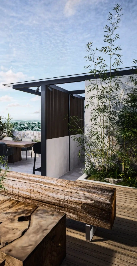 Modern villa interior with textured stone walls, natural materials, and minimalist seating in Bali.