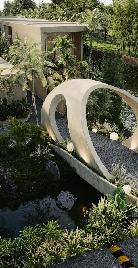 Modern villa interior with textured stone walls, natural materials, and minimalist seating in Bali.