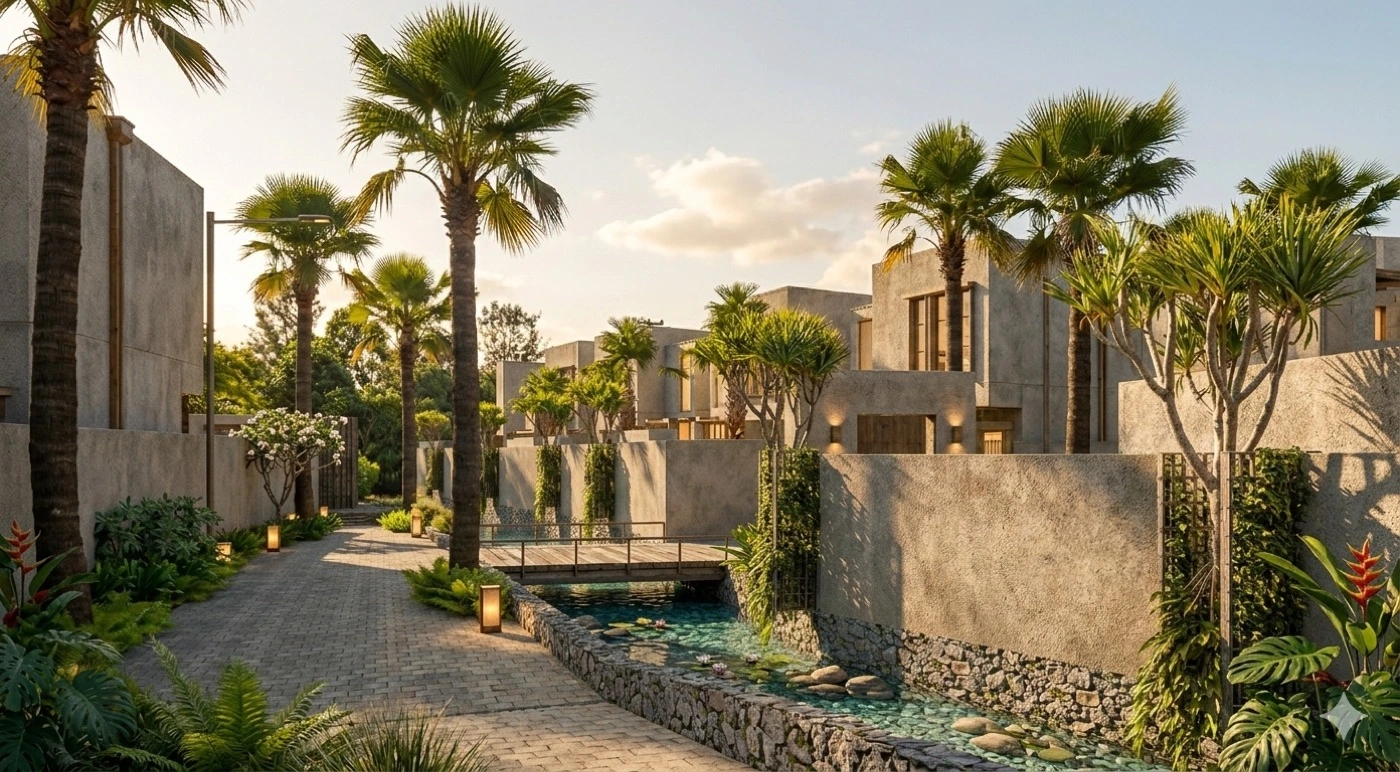Modern villa interior with textured stone walls, natural materials, and minimalist seating in Bali.