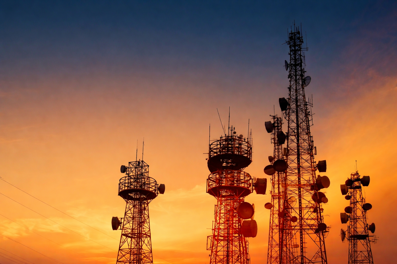 Silhouettes of multiple communication towers with antennas and satellite dishes against a vibrant sunset sky.