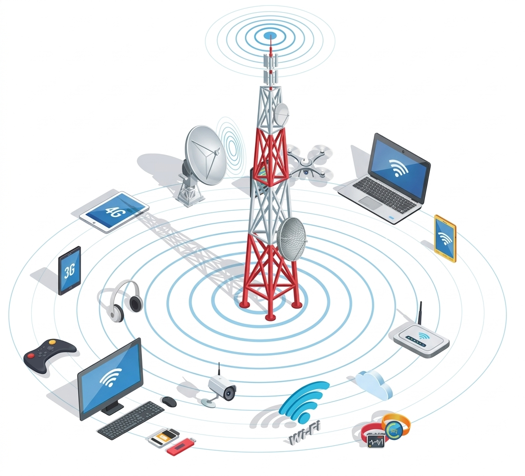 Telecommunication tower surrounded by wireless devices including a laptop, smartphone, drone, desktop computer, game controller, headset, security camera, and Wi-Fi symbols connected by signal waves.
