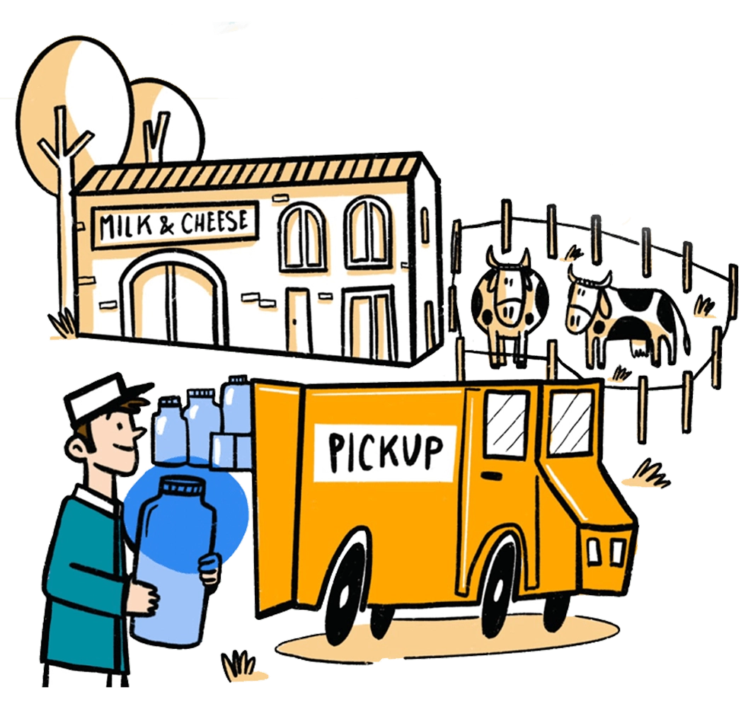an illustration of a milkman picking up glass bottles from a farm with two cows