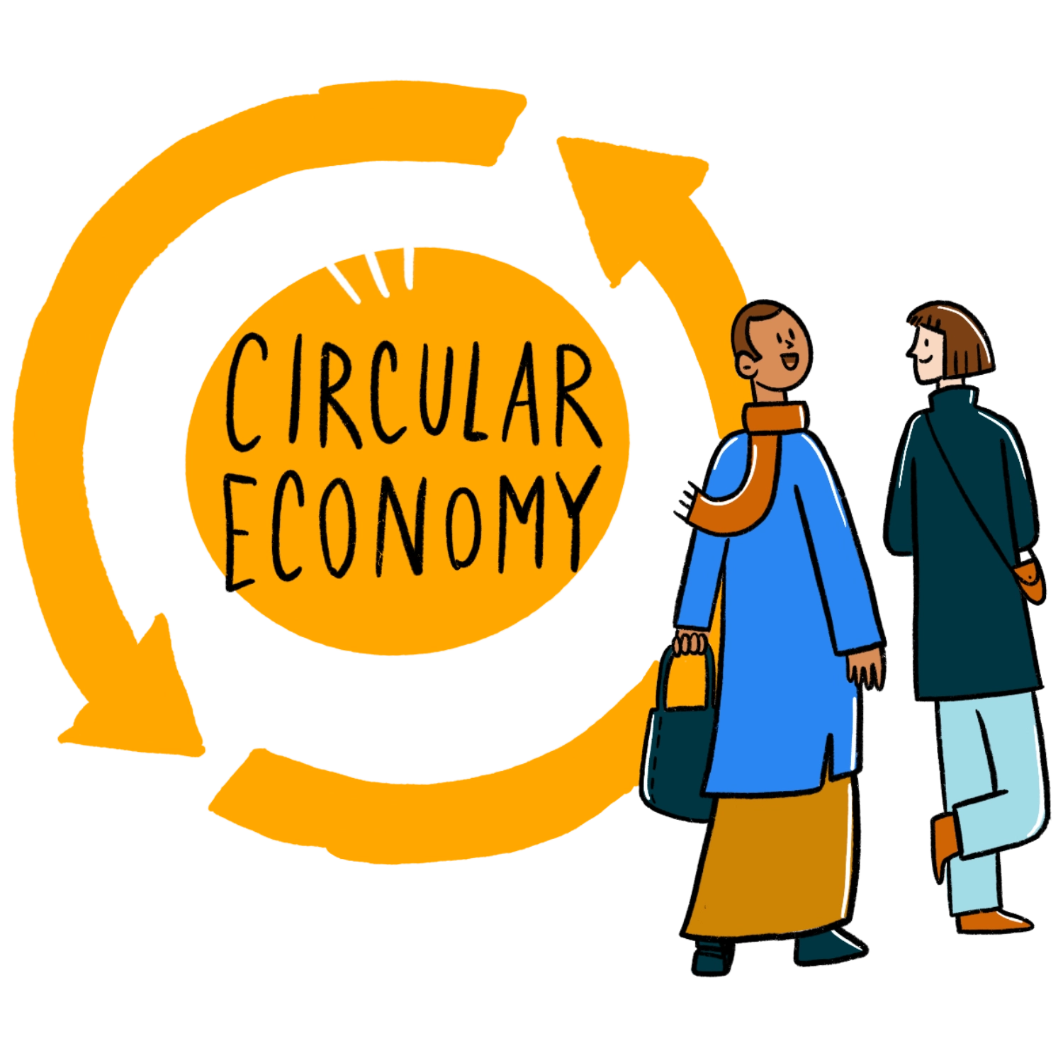 an illustration of a circular economy with two people walking
