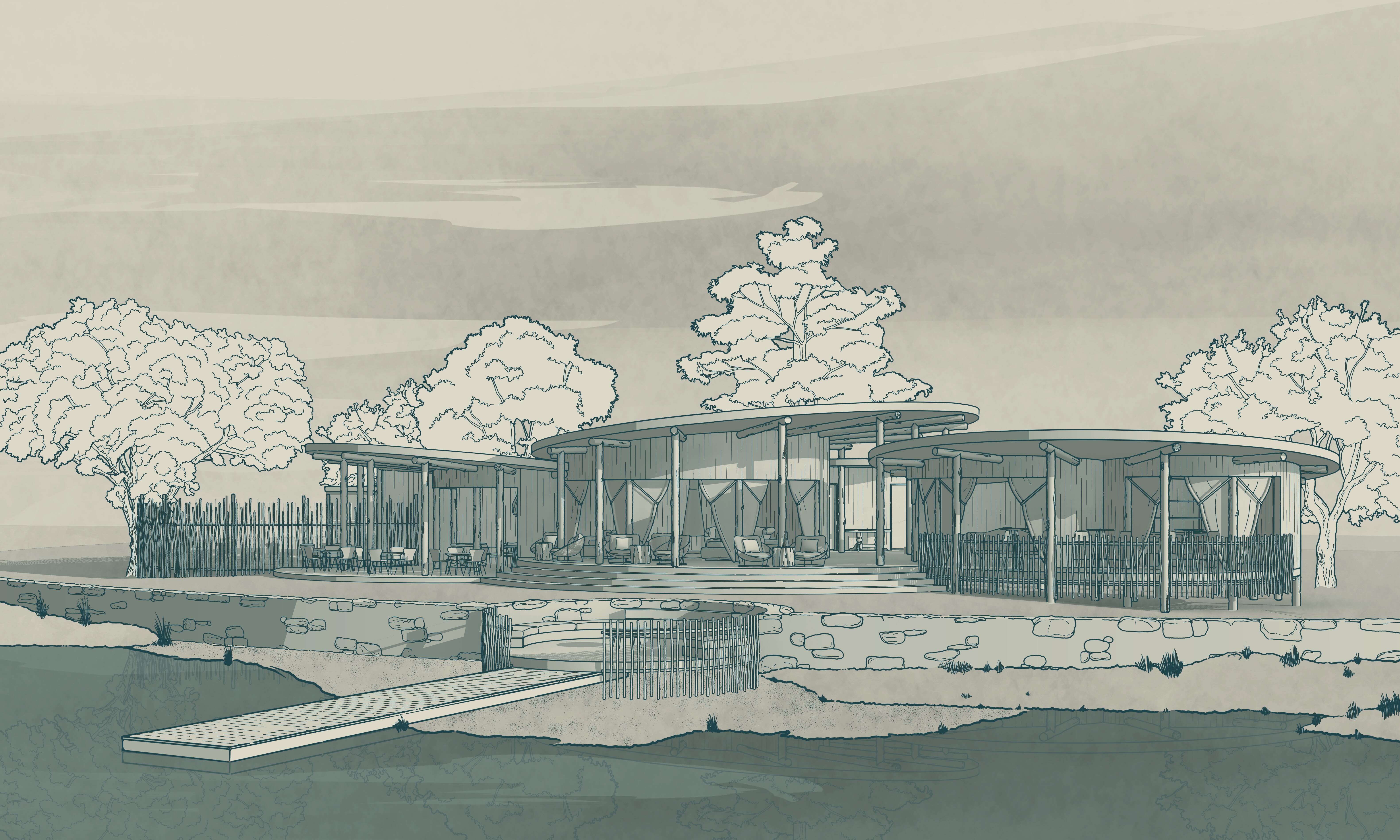 Sketch of a modern lodge with circular roofs beside a body of water and trees in the background.