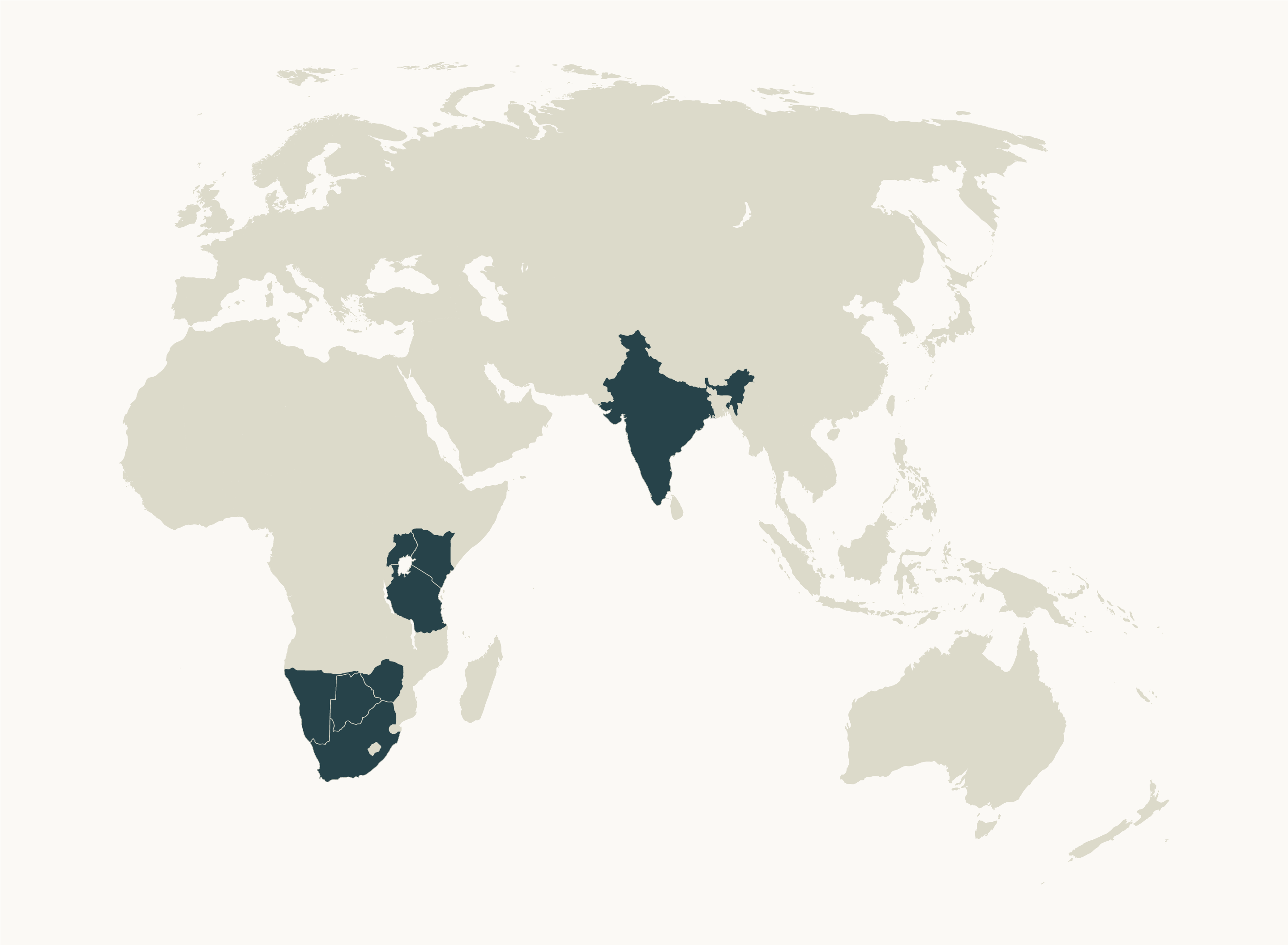 Map highlighting India and several countries in southern and eastern Africa in dark teal.