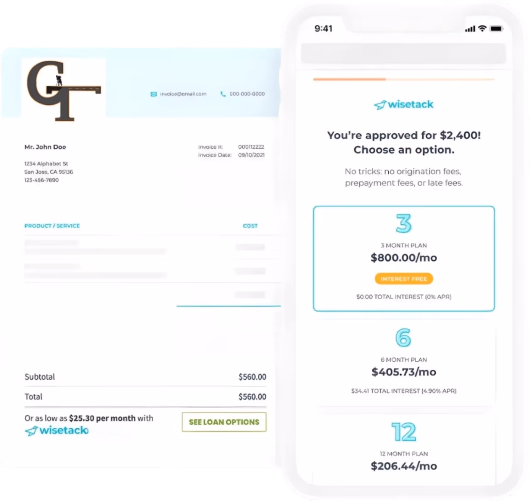 Asphalt sealcoating financing options in Traverse City, Michigan, showing Wisetack monthly payment plans on a smartphone next to a project invoice.