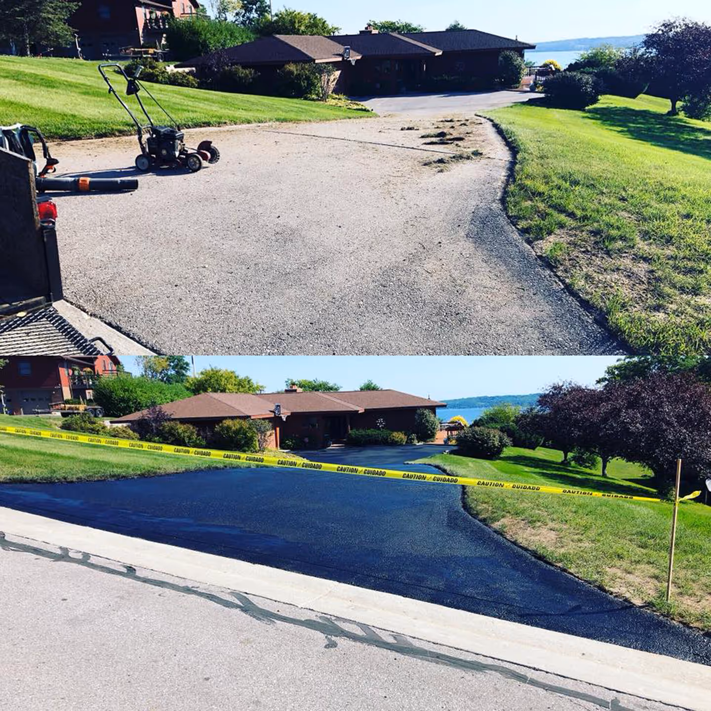 A freshly sealed residential driveway in Traverse City showcasing a smooth and even asphalt finish.