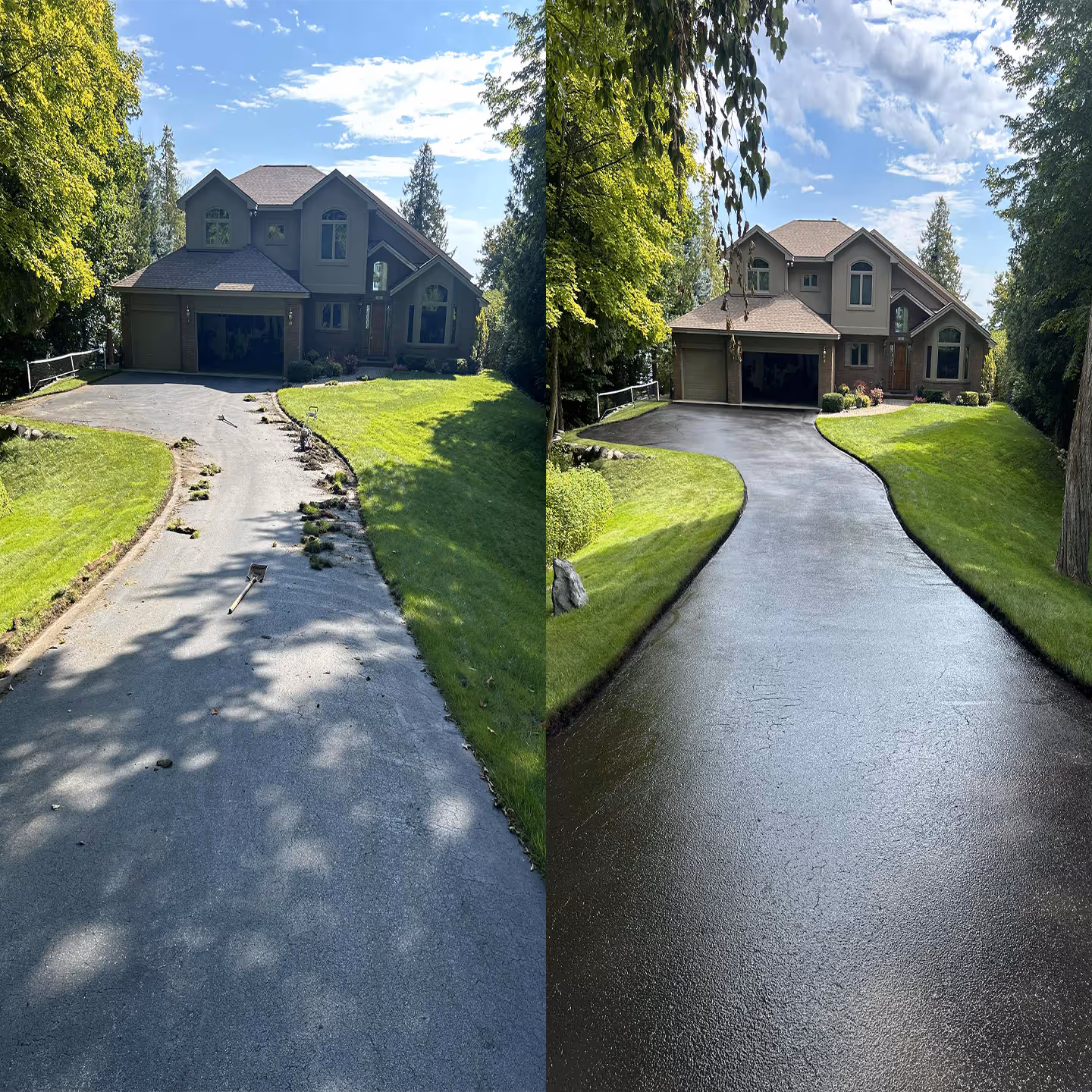 Protective asphalt sealcoat for a lakeside residential driveway in the Lake Leelanau area.